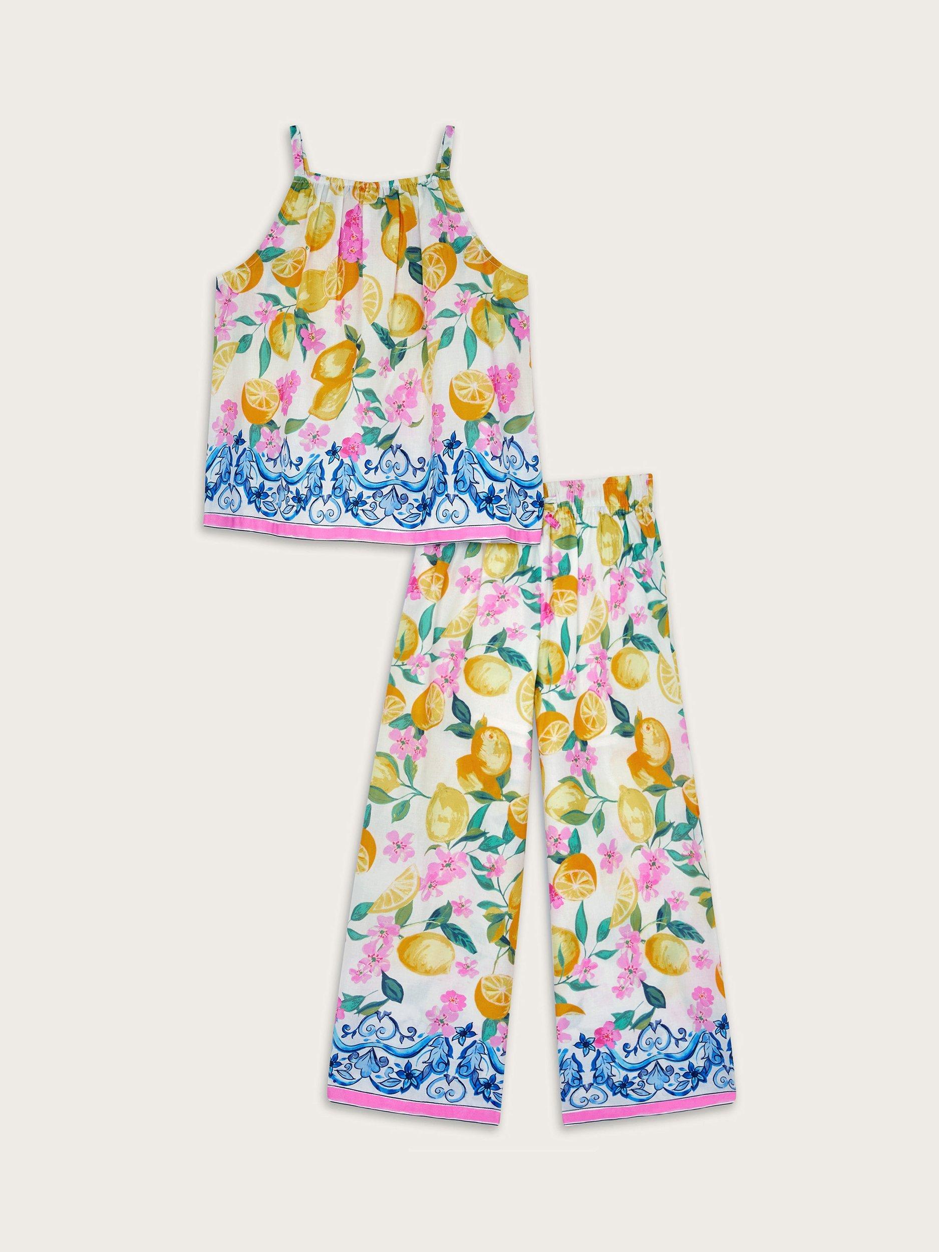 Product image 2 of 4, which shows Monsoon Kids' Cotton Lemon Print Top & Wide Leg Trousers Set, Yellow, 3-4 years