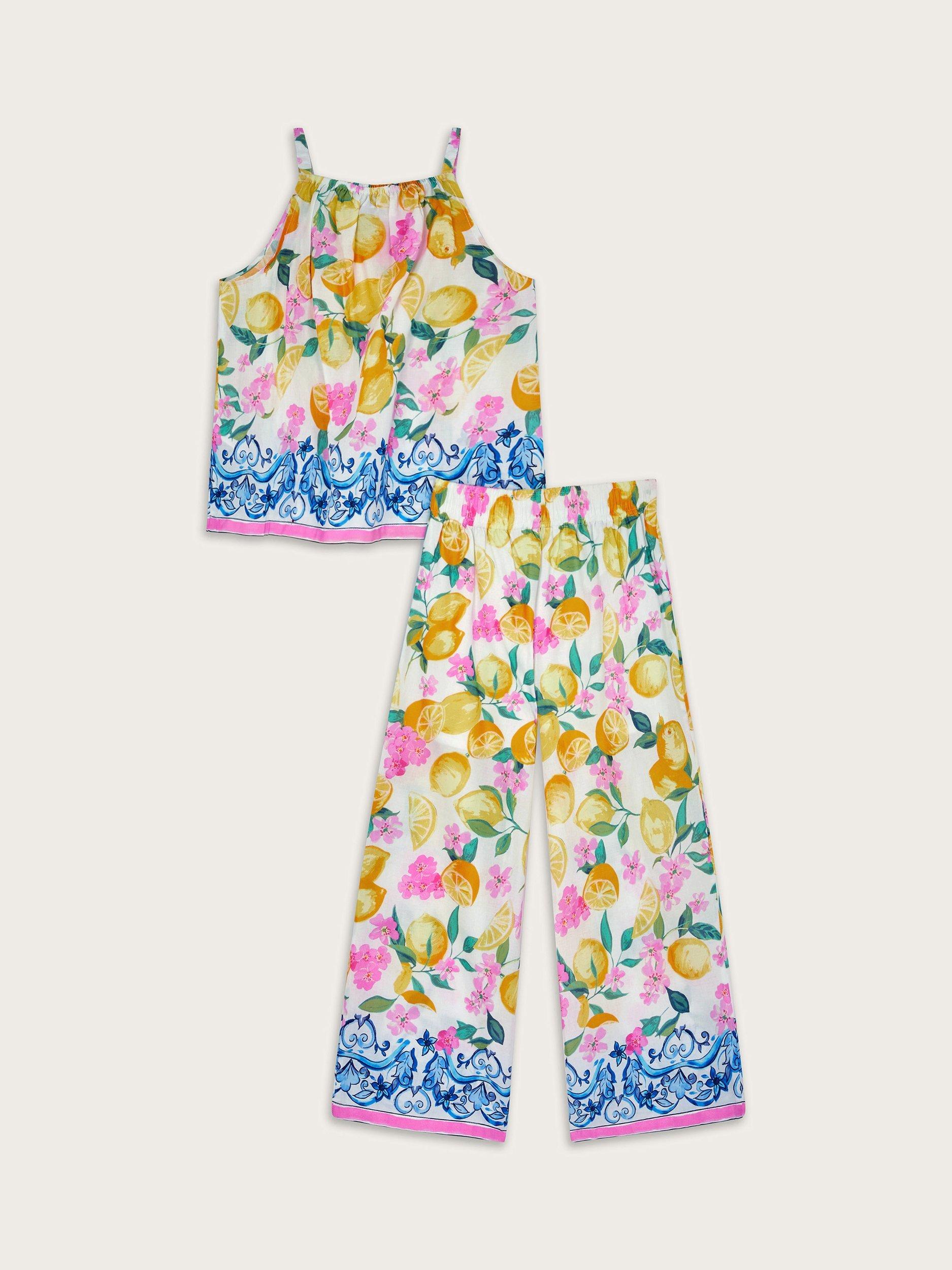 Product image 3 of 4, which shows Monsoon Kids' Cotton Lemon Print Top & Wide Leg Trousers Set, Yellow, 3-4 years