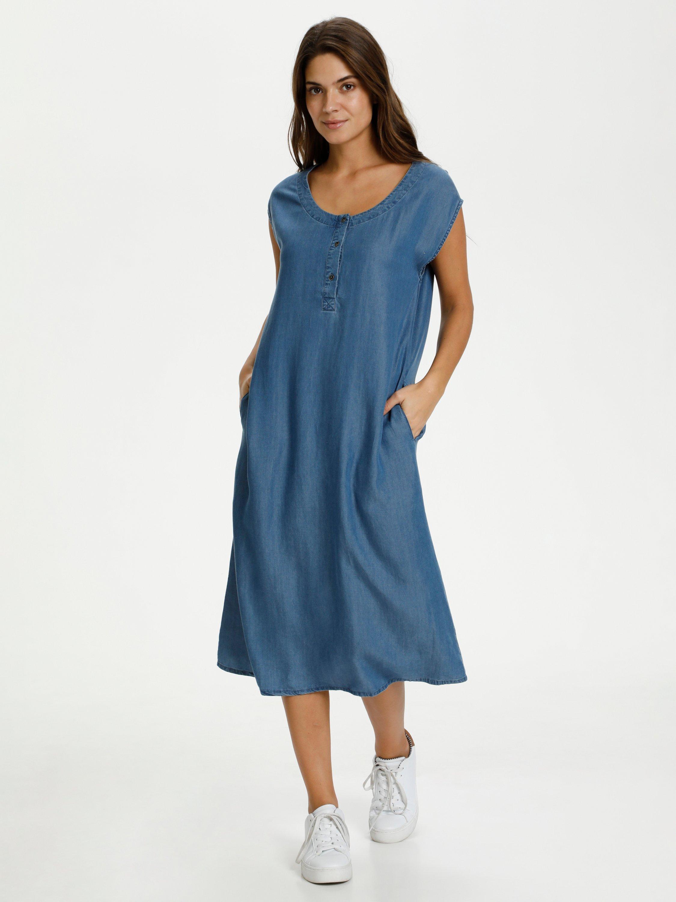 Product image 1 of 6, which shows KAFFE Pelina Short Sleeve Denim Midi Dress, Mid Blue, S