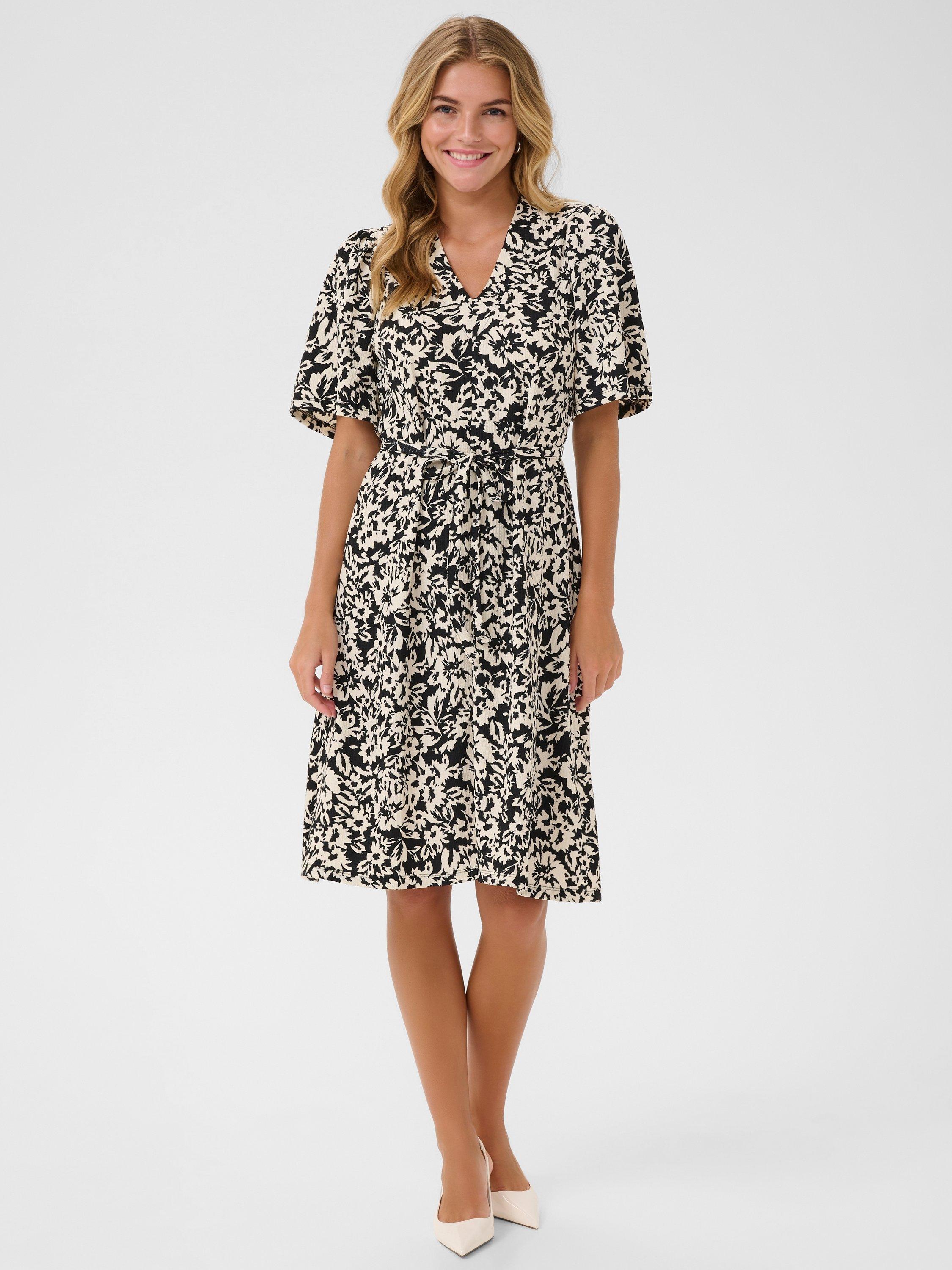 Product image 1 of 5, which shows KAFFE Eisa Jersey Tea Knee Length Dress, Black/Multi, XS