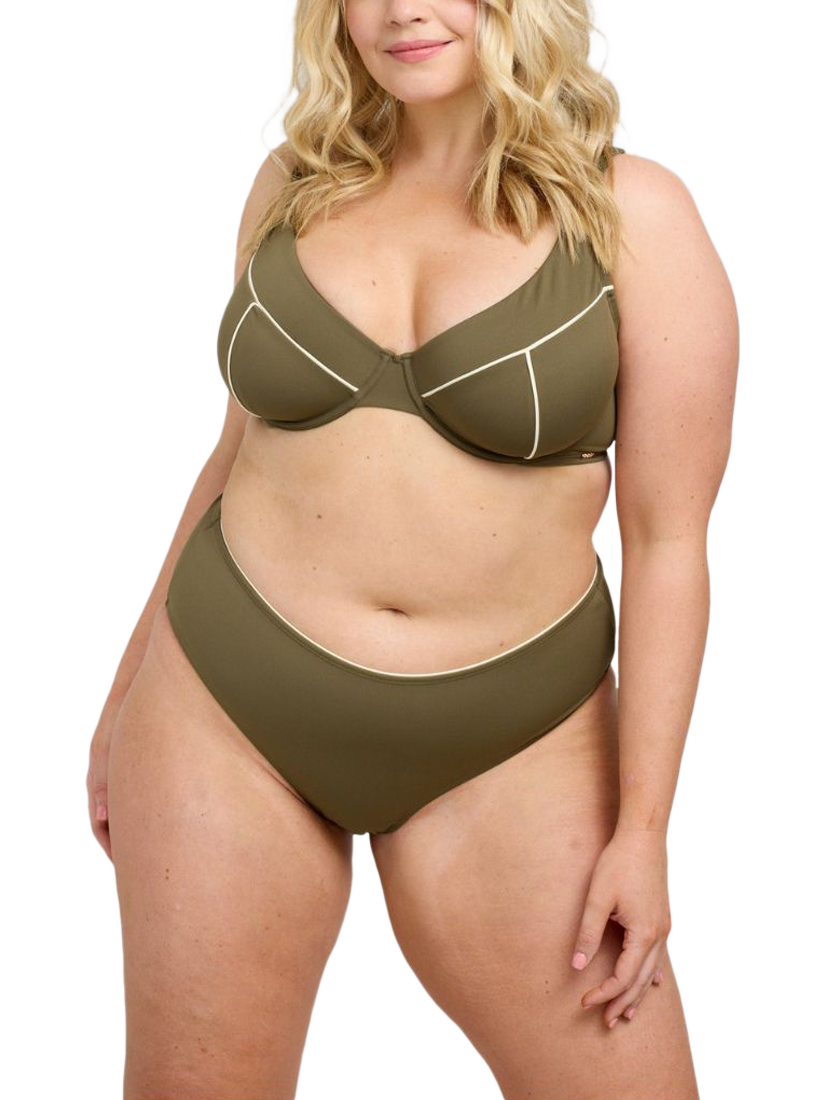 Product image 1 of 6, which shows Oola Lingerie Tummy Control Mid-Rise Bikini Bottoms, Olive, 14-16