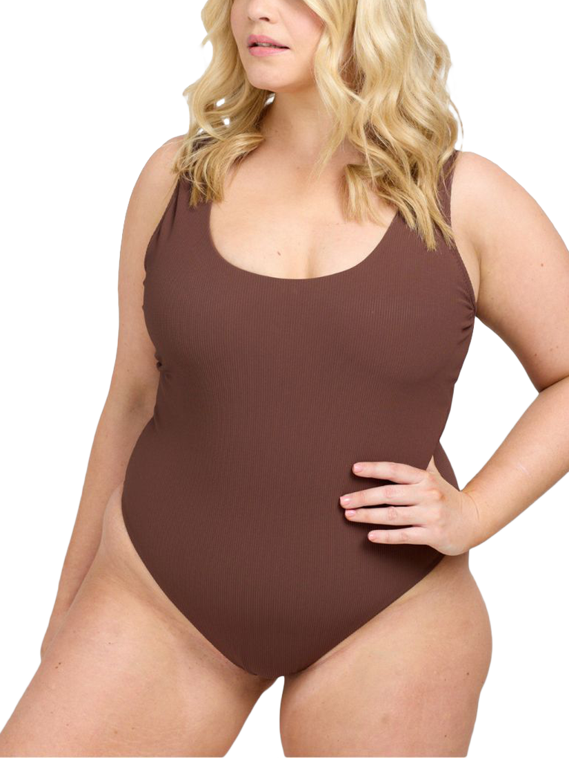 Product image 1 of 6, which shows Oola Lingerie Tummy Control Underwired Swimsuit, Chocolate, 38D