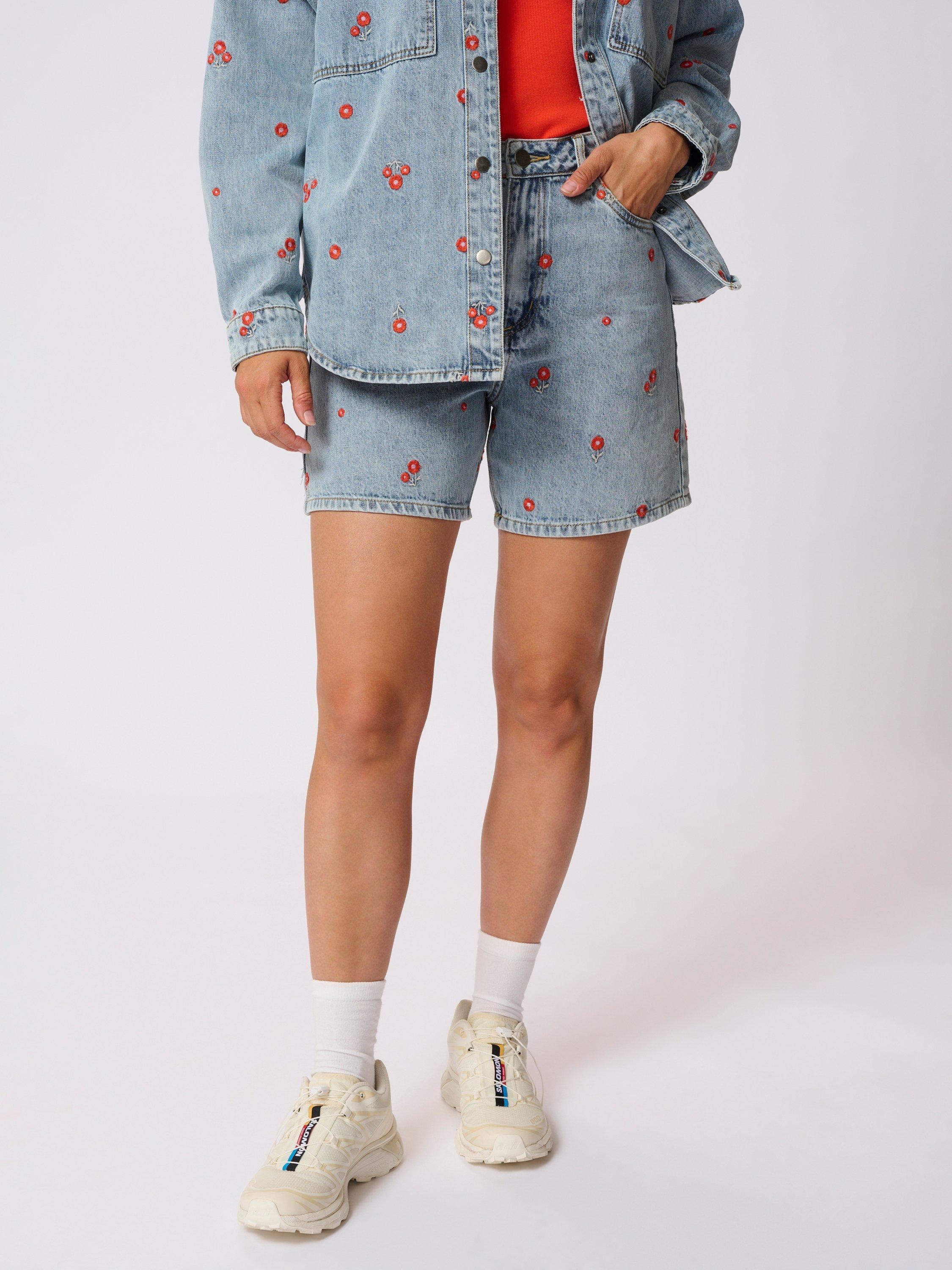 Product image 1 of 6, which shows KAFFE Babeth Floral Embroidered Denim Shorts, Blue/Multi, 10