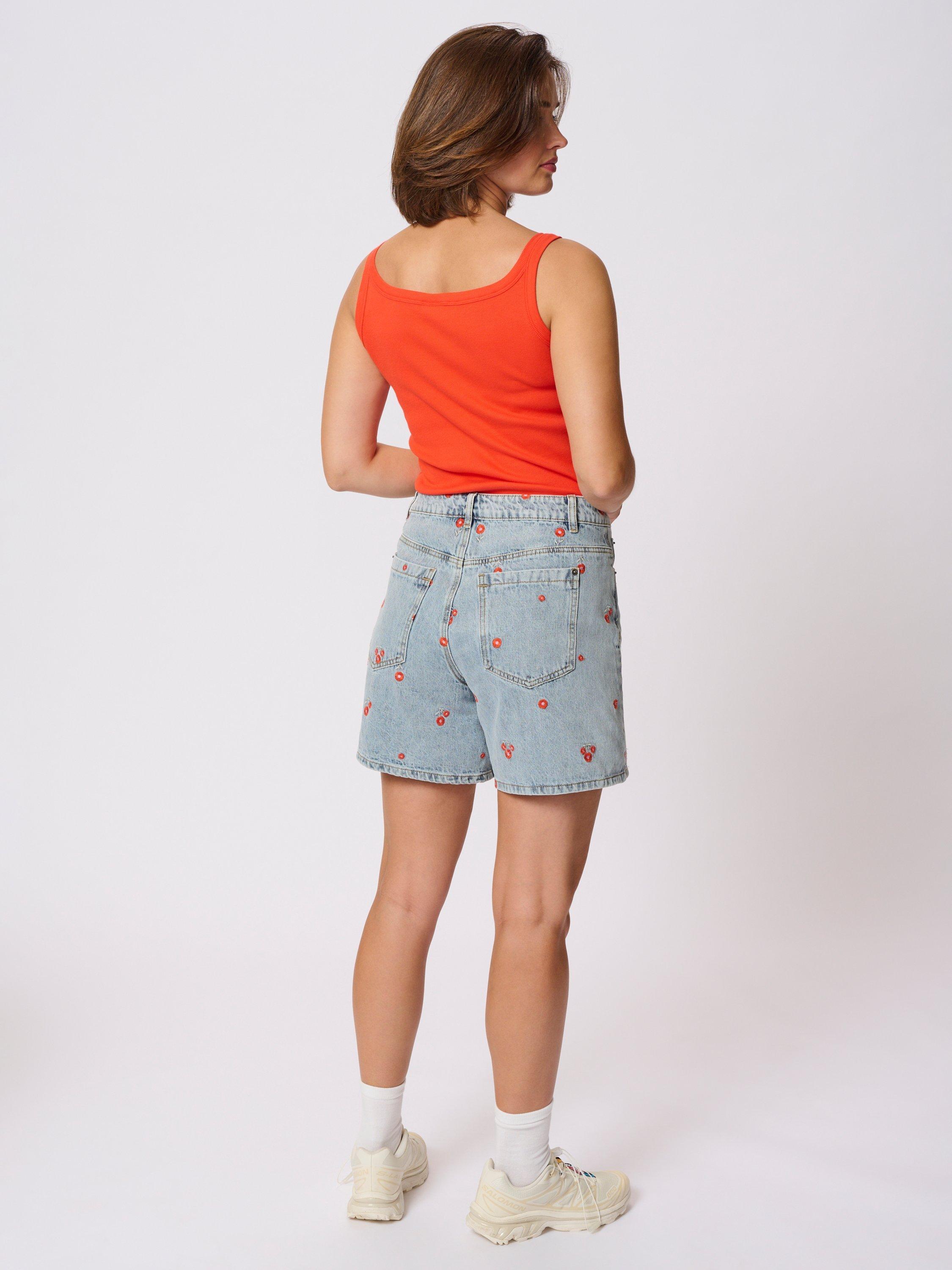 Product image 2 of 6, which shows KAFFE Babeth Floral Embroidered Denim Shorts, Blue/Multi, 10