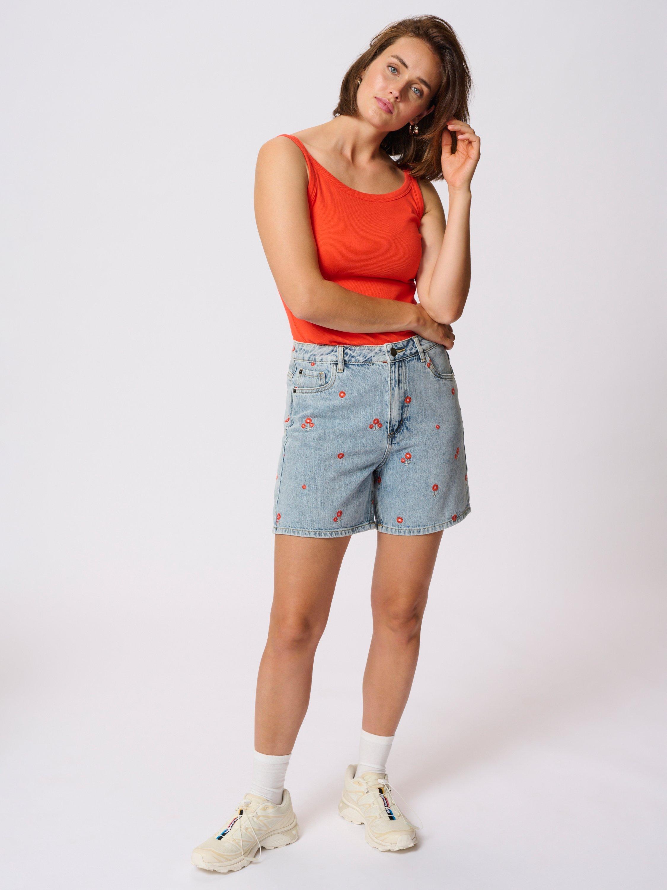 Product image 3 of 6, which shows KAFFE Babeth Floral Embroidered Denim Shorts, Blue/Multi, 10