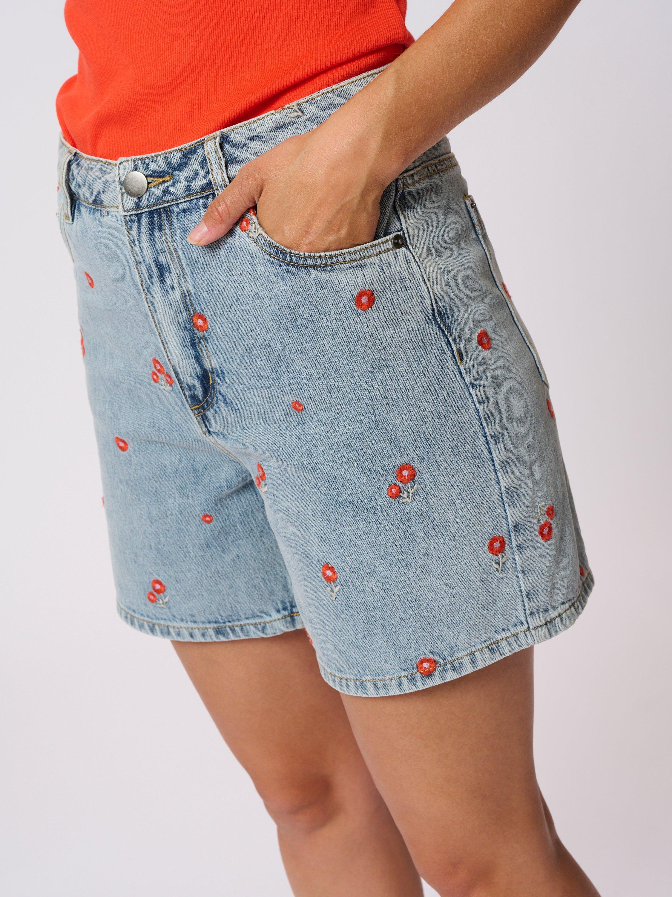 Product image 4 of 6, which shows KAFFE Babeth Floral Embroidered Denim Shorts, Blue/Multi, 10