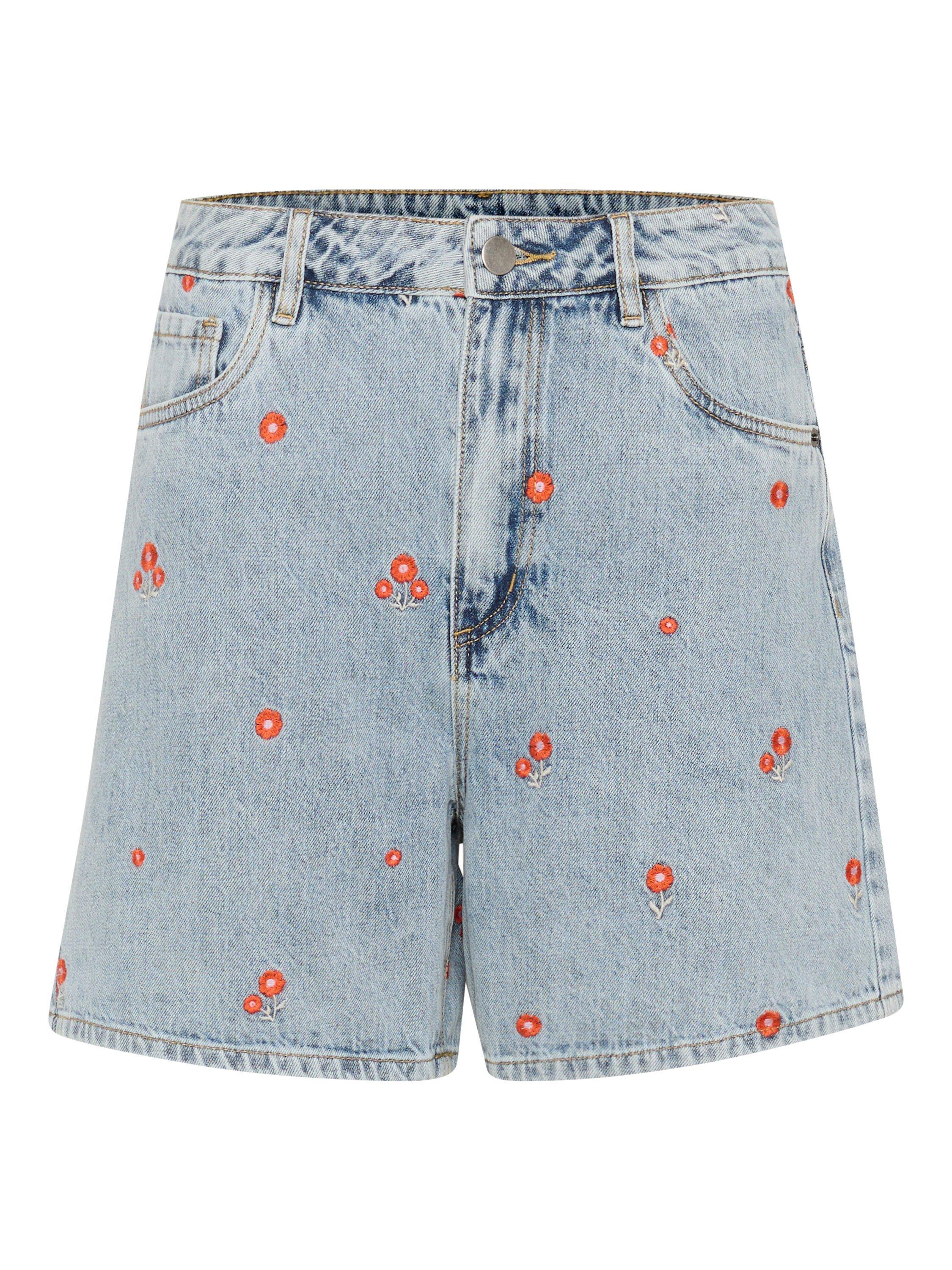 Product image 5 of 6, which shows KAFFE Babeth Floral Embroidered Denim Shorts, Blue/Multi, 10