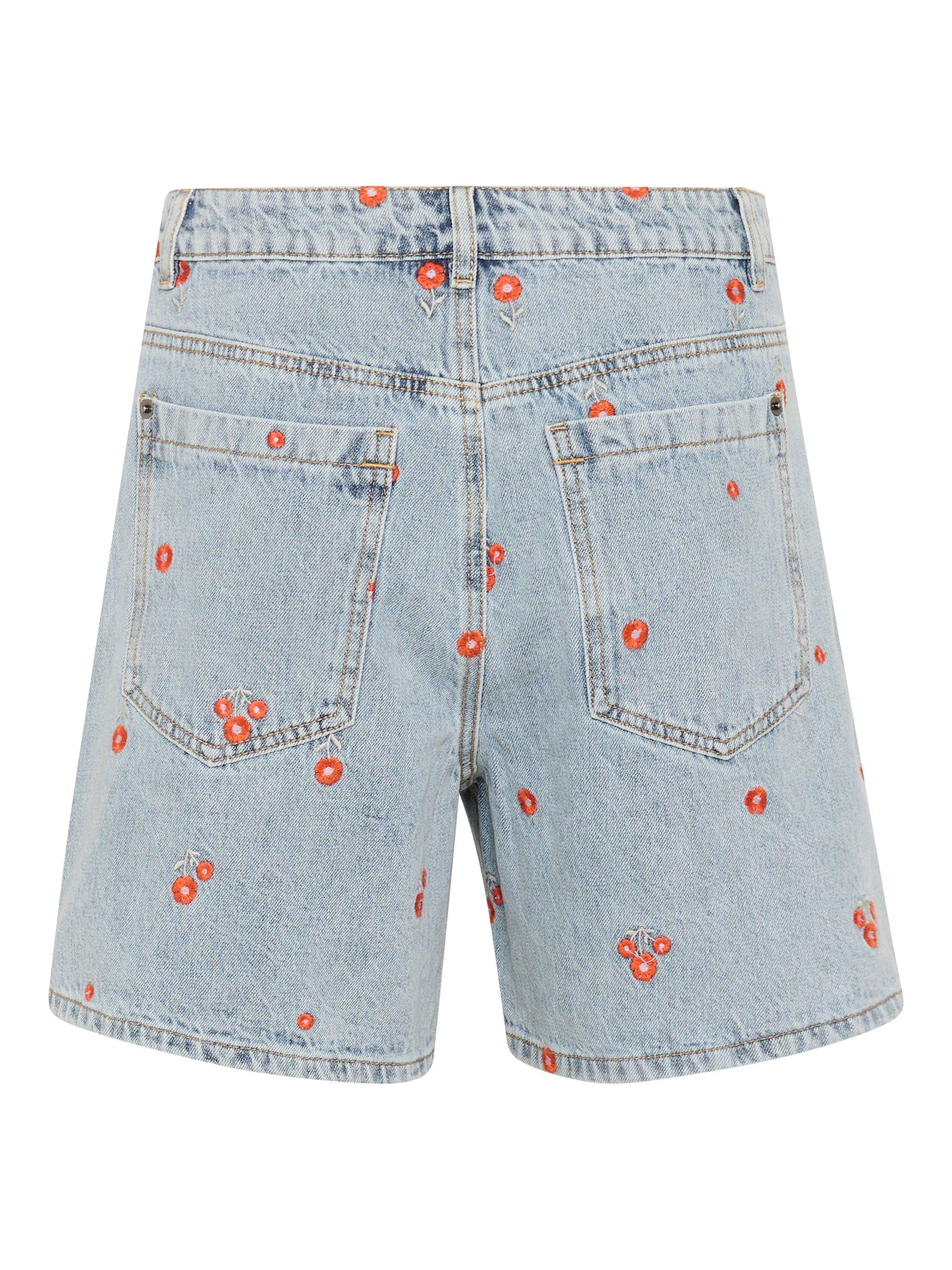 Product image 6 of 6, which shows KAFFE Babeth Floral Embroidered Denim Shorts, Blue/Multi, 10