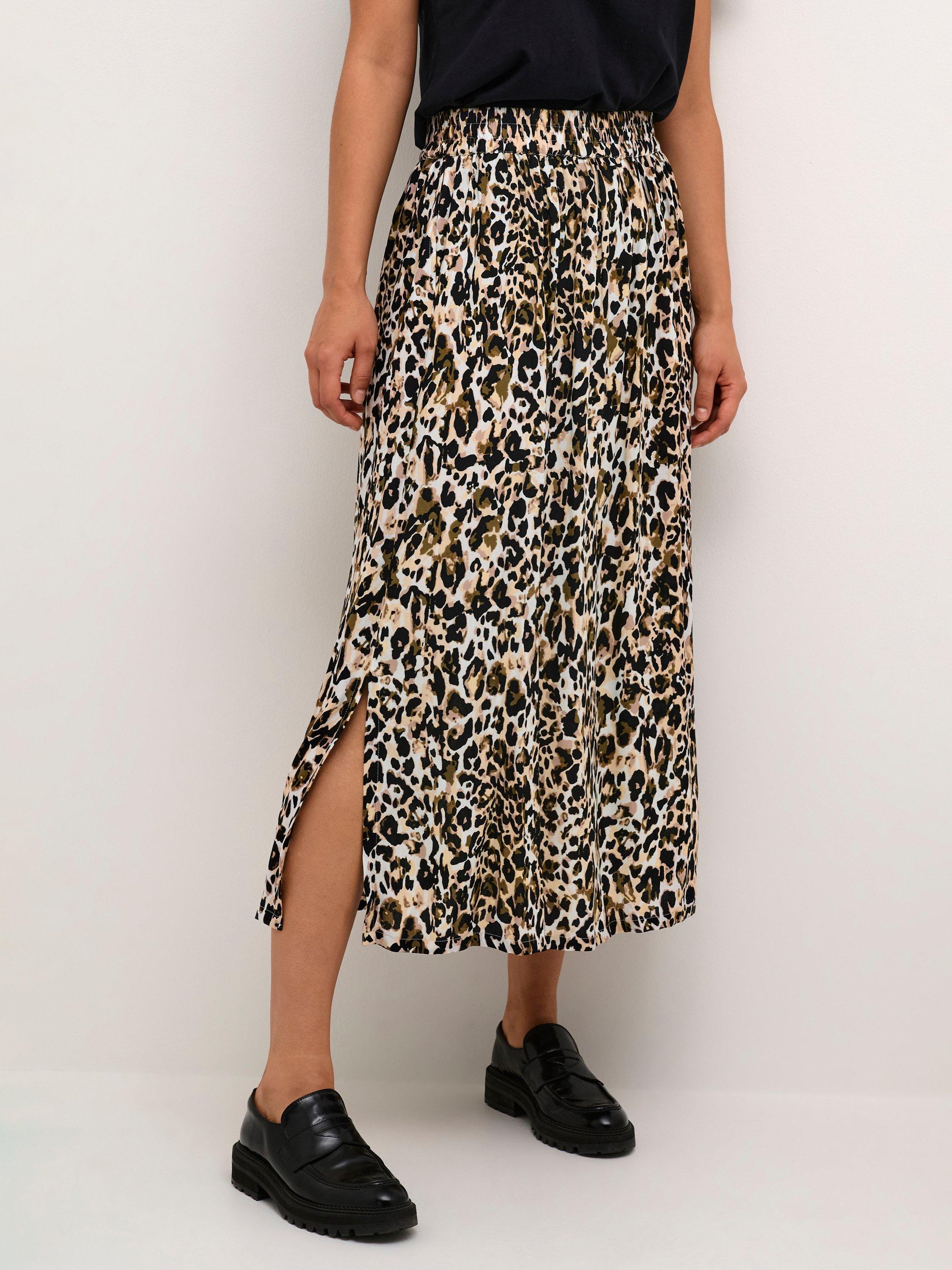 Product image 1 of 6, which shows KAFFE Dagmar Animal Print Midi Skirt, Beige/Multi, S