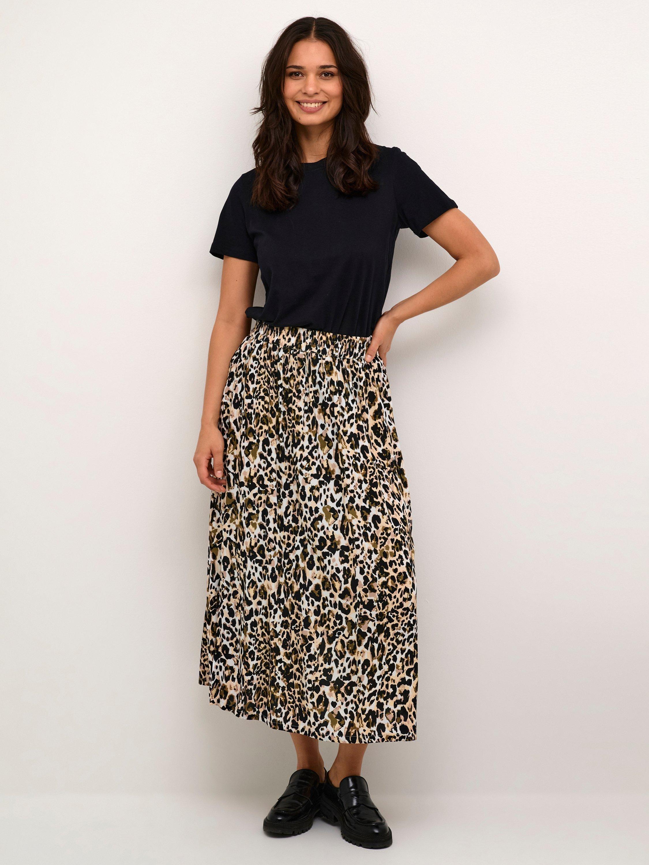 Product image 3 of 6, which shows KAFFE Dagmar Animal Print Midi Skirt, Beige/Multi, S