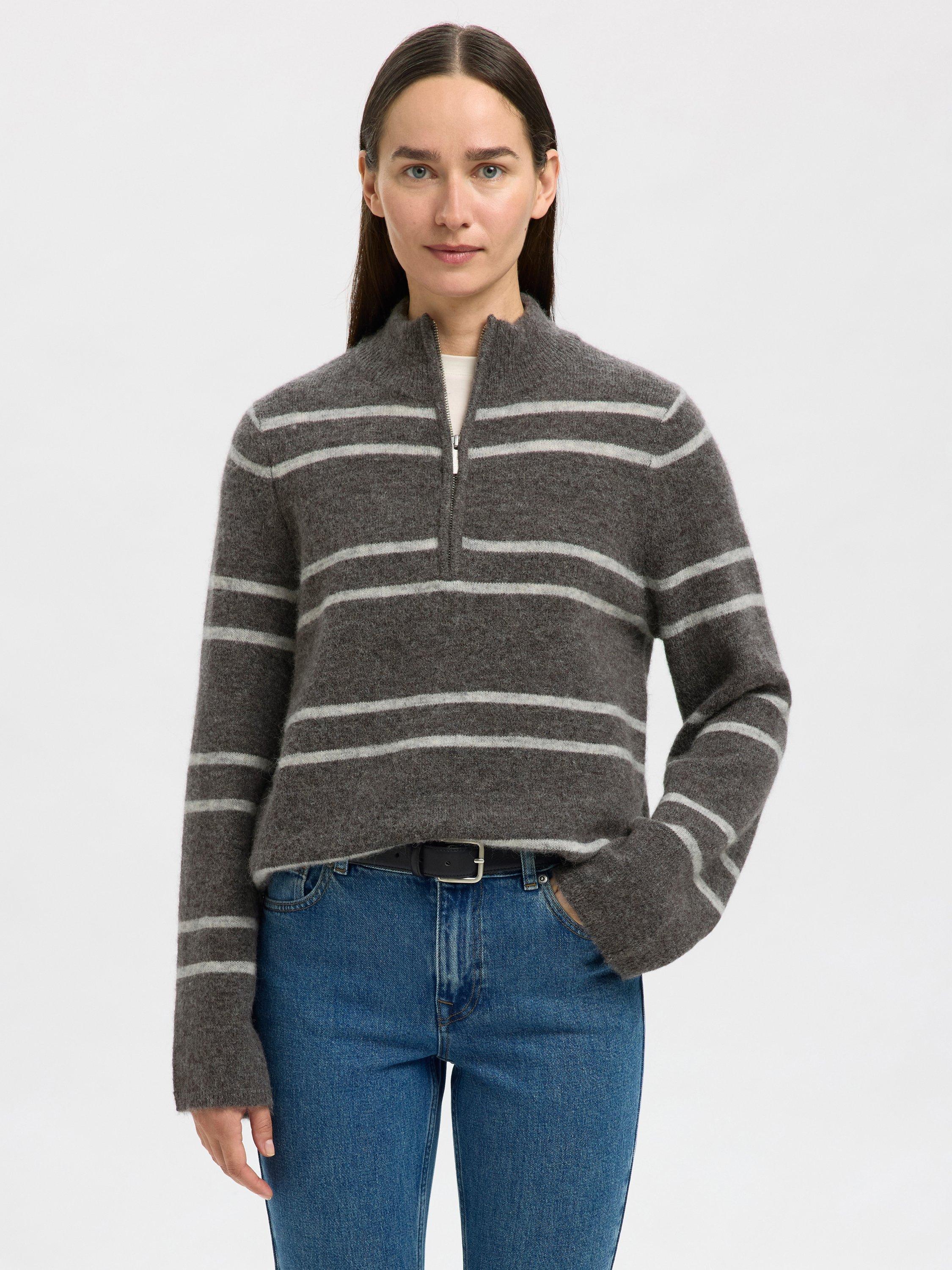 Product image 1 of 6, which shows Selected Lulu Wool Stripe Long Sleeve Zip Neck Jumper, Greymelange Stripe, S