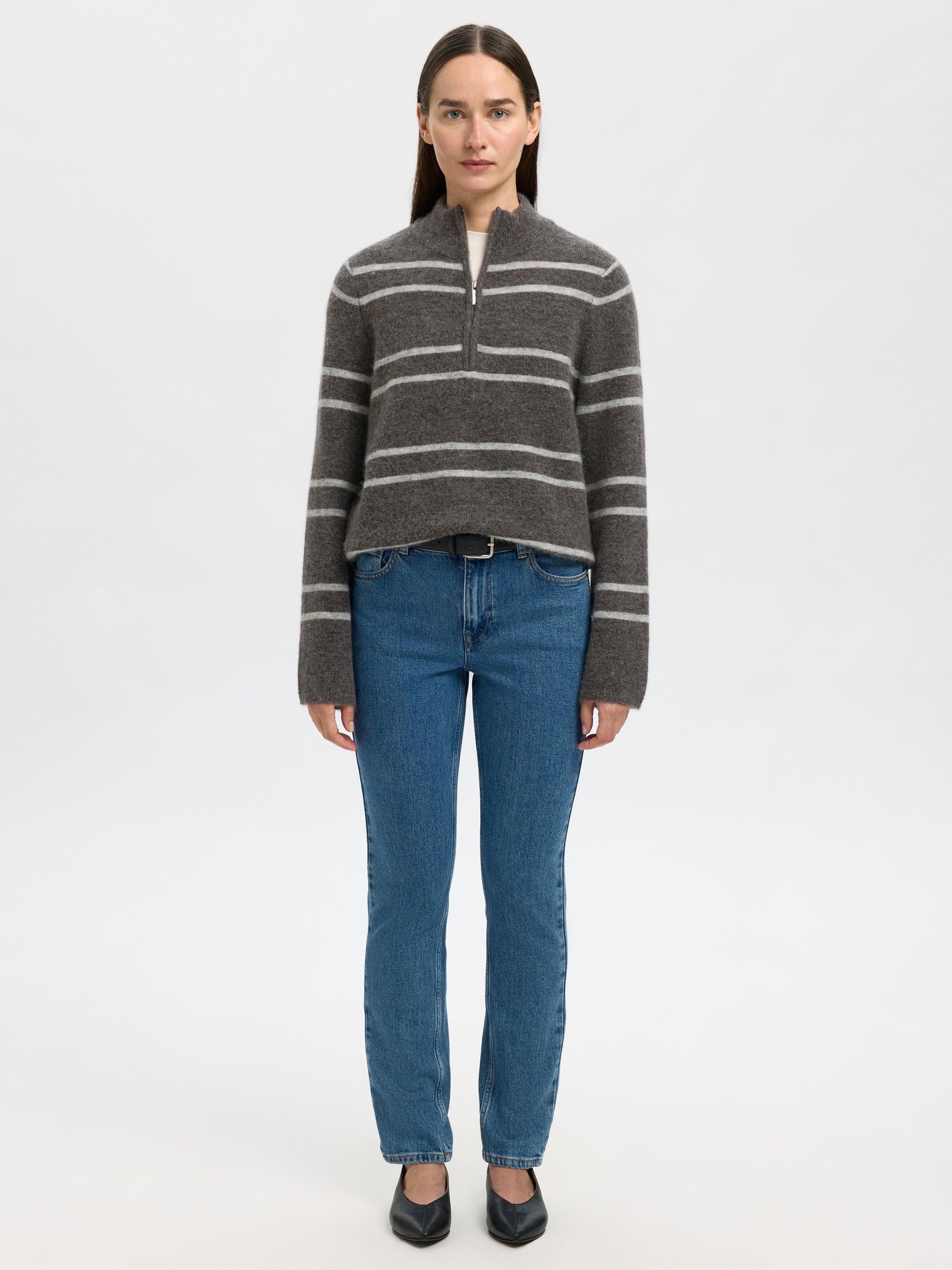 Product image 2 of 6, which shows Selected Lulu Wool Stripe Long Sleeve Zip Neck Jumper, Greymelange Stripe, S