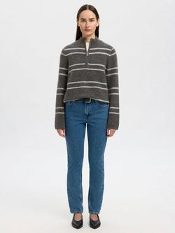 Selected Lulu Wool Stripe Long Sleeve Zip Neck Jumper - view 2, Greymelange Stripe