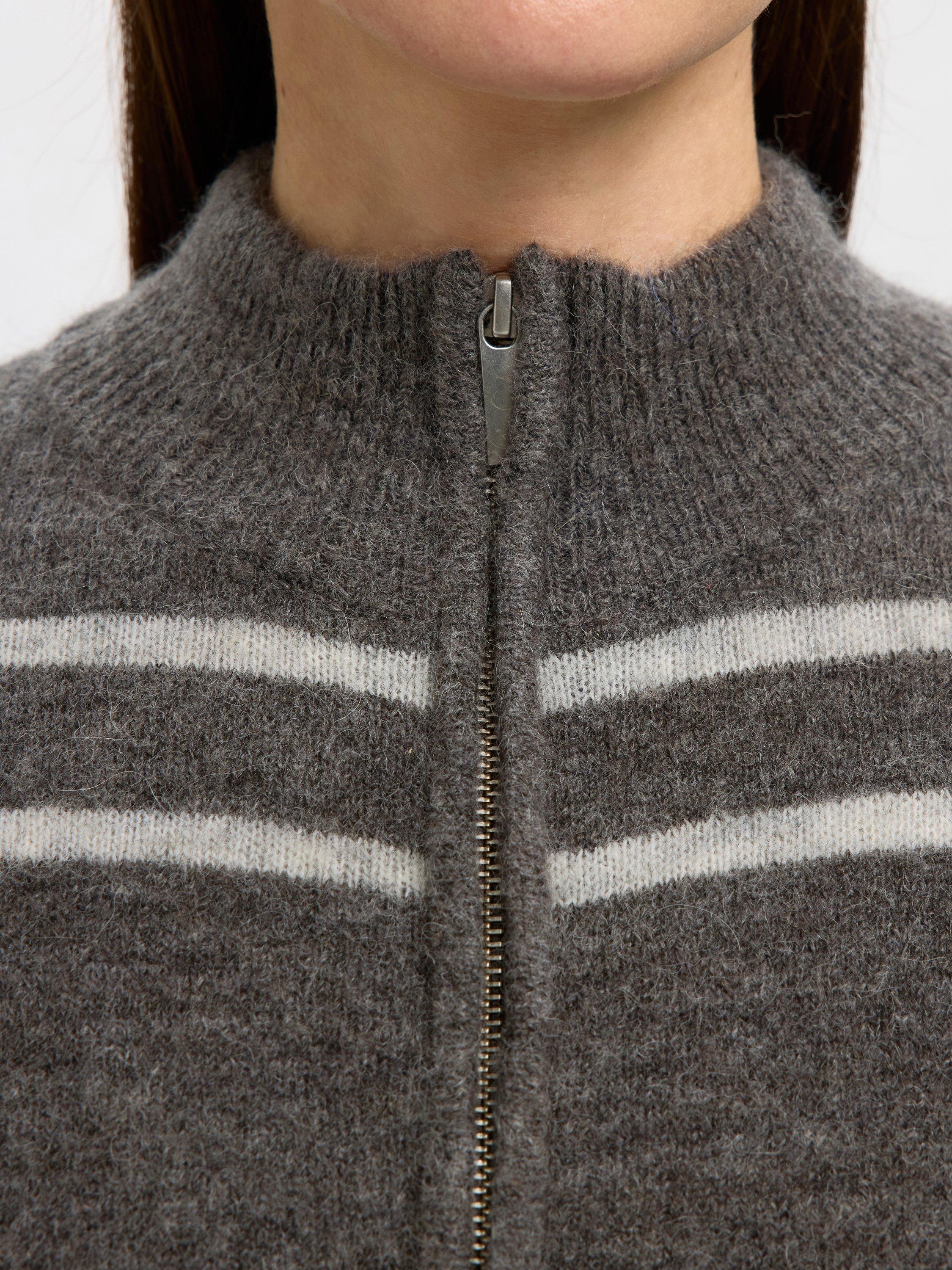 Product image 3 of 6, which shows Selected Lulu Wool Stripe Long Sleeve Zip Neck Jumper, Greymelange Stripe, S