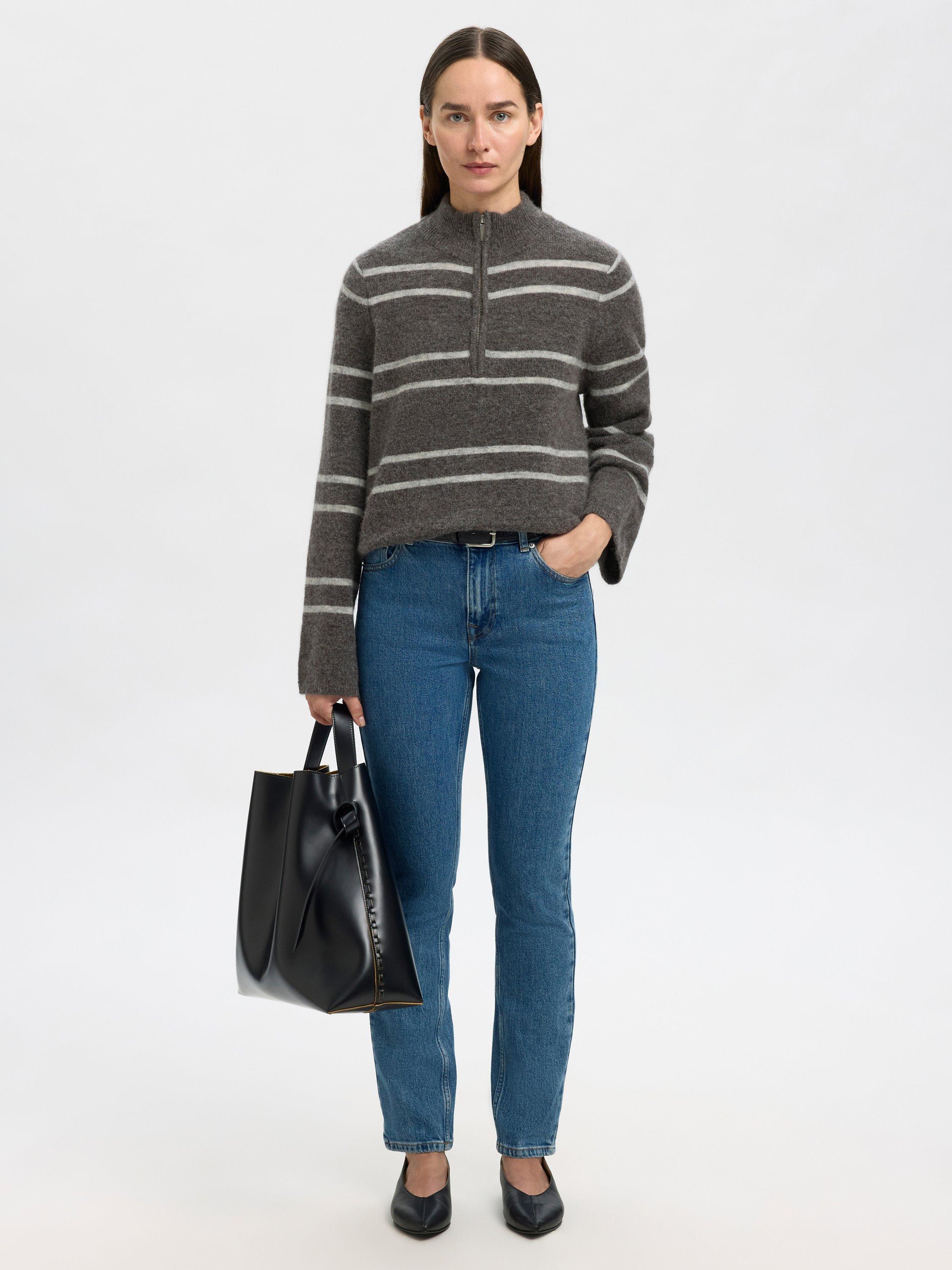 Product image 4 of 6, which shows Selected Lulu Wool Stripe Long Sleeve Zip Neck Jumper, Greymelange Stripe, S