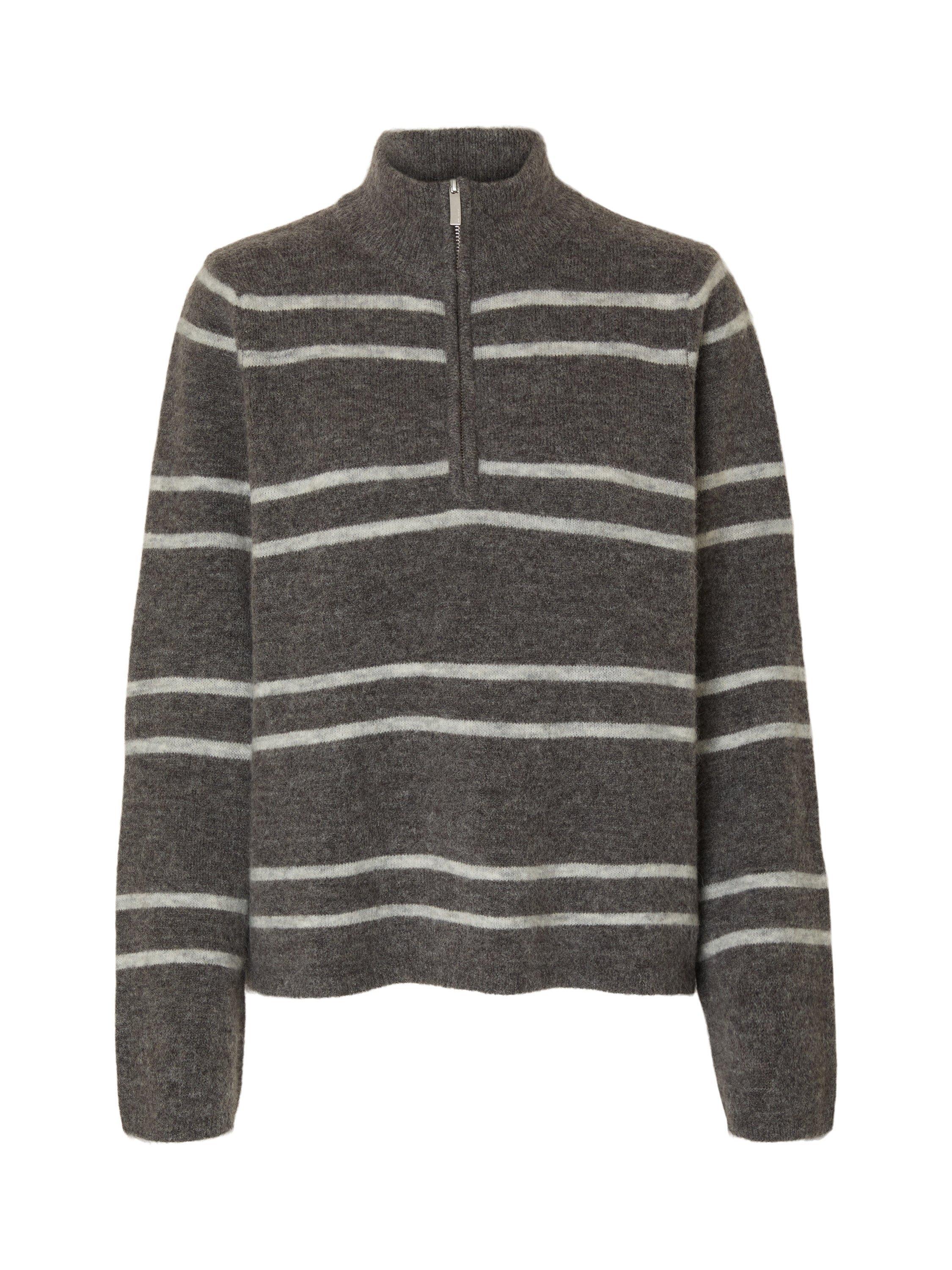 Product image 6 of 6, which shows Selected Lulu Wool Stripe Long Sleeve Zip Neck Jumper, Greymelange Stripe, S