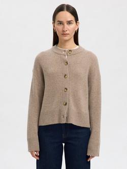 Selected Cille Wool Cashmere Blend Round Neck Cardigan, Irish Cream, Irish Cream