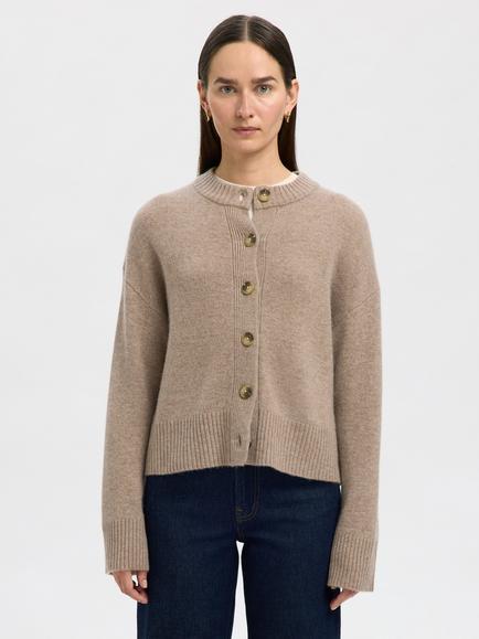 Selected Cille Wool Cashmere Blend Round Neck Cardigan, Irish Cream, Irish Cream
