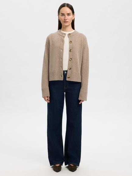 Selected Cille Wool Cashmere Blend Round Neck Cardigan, Irish Cream - view 2, Irish Cream