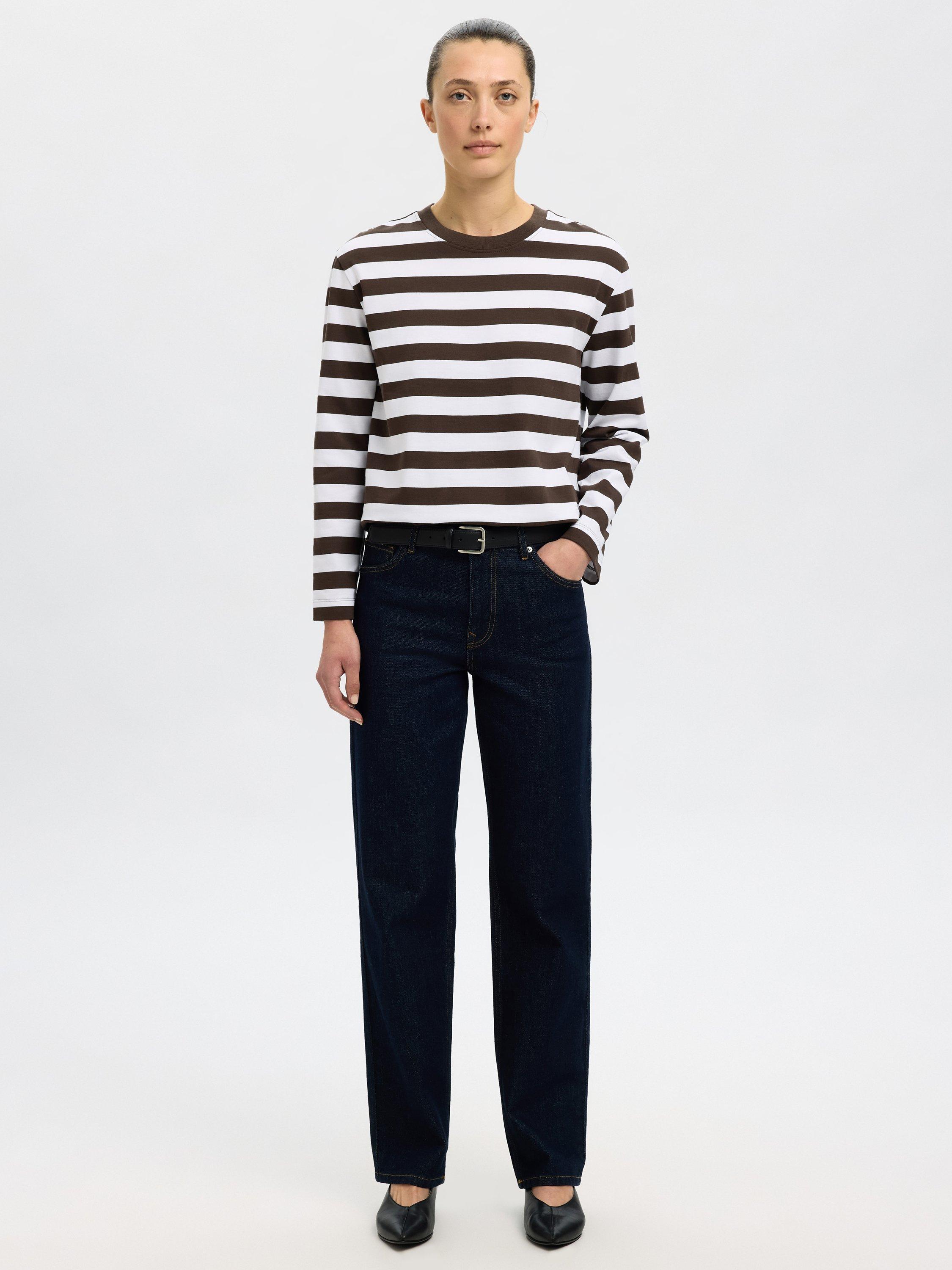 Product image 1 of 6, which shows Selected  Essentials Long Sleeved Striped Cotton Top, Brown/White, L