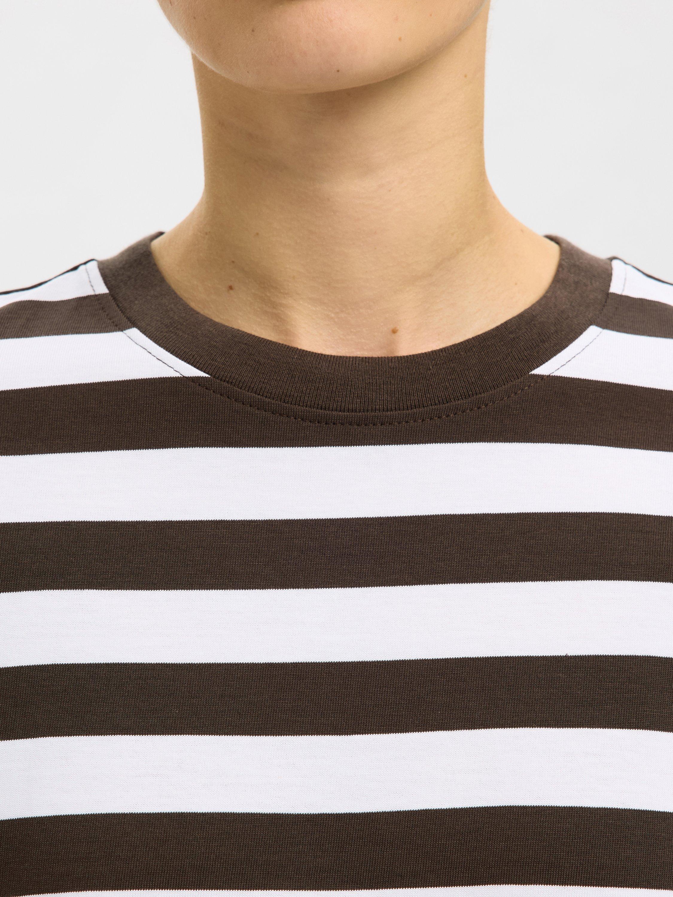 Product image 2 of 6, which shows Selected  Essentials Long Sleeved Striped Cotton Top, Brown/White, L