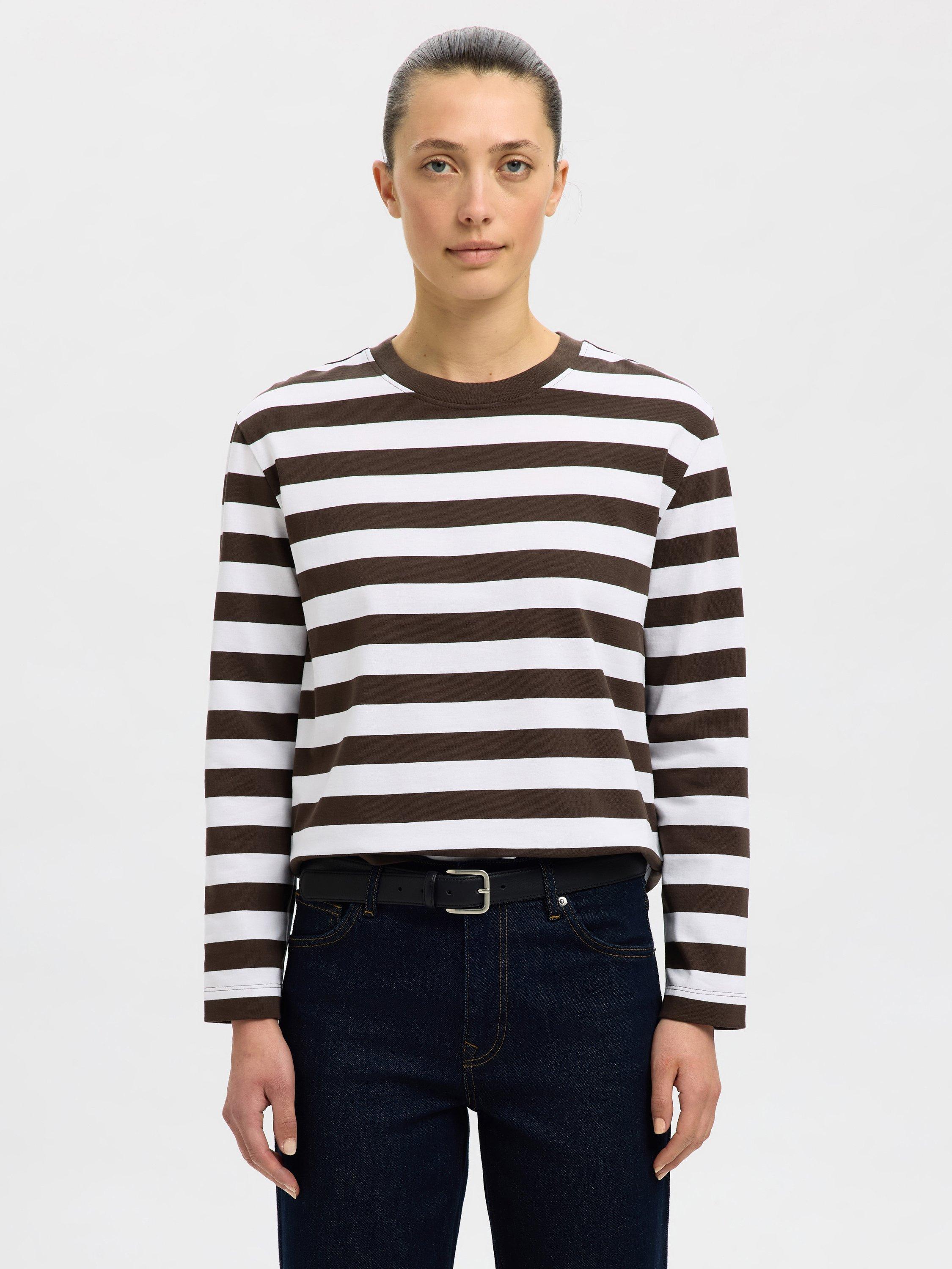 Product image 3 of 6, which shows Selected  Essentials Long Sleeved Striped Cotton Top, Brown/White, L
