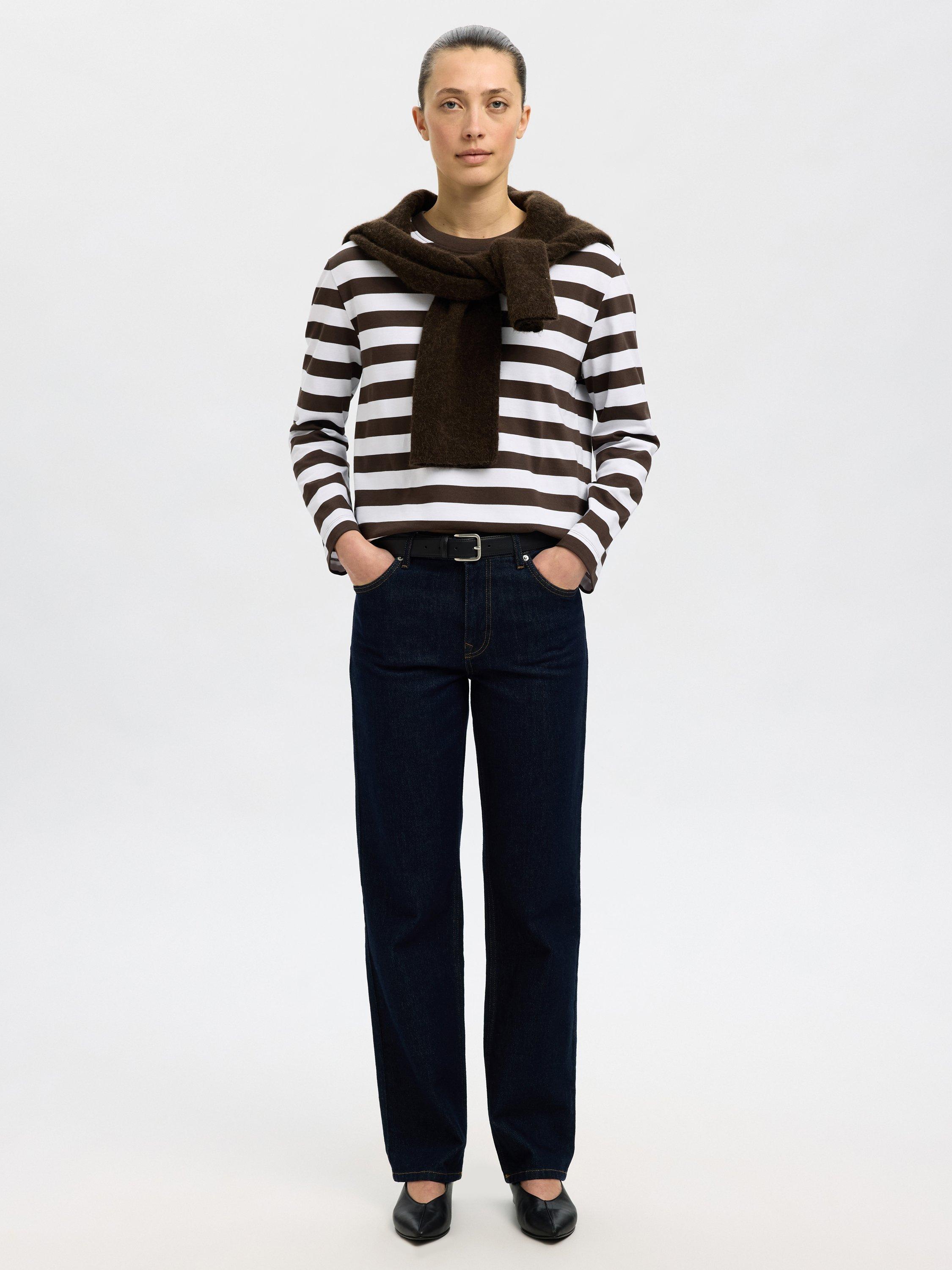 Product image 4 of 6, which shows Selected  Essentials Long Sleeved Striped Cotton Top, Brown/White, L