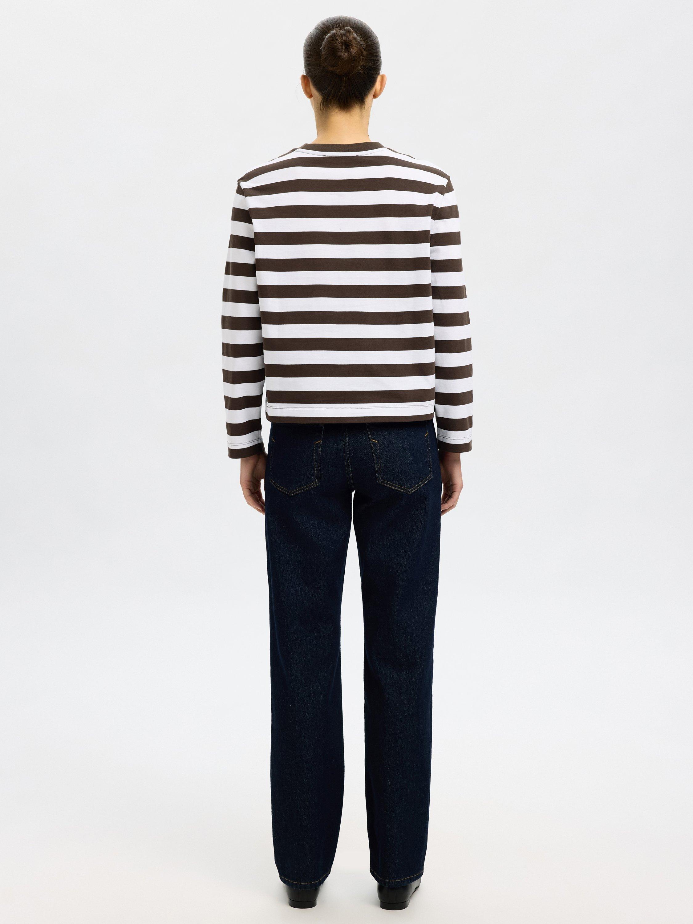 Product image 5 of 6, which shows Selected  Essentials Long Sleeved Striped Cotton Top, Brown/White, L
