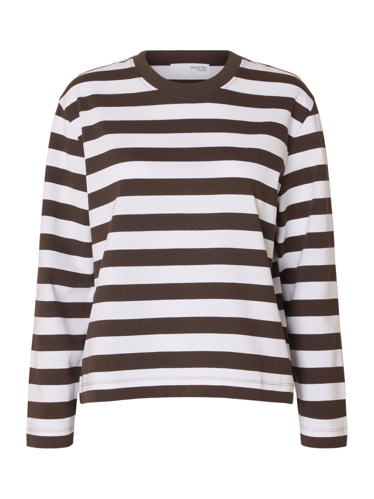 Product image 6 of 6, which shows Selected  Essentials Long Sleeved Striped Cotton Top, Brown/White, L