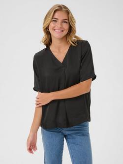 KAFFE Ariel Satin Short Sleeve Blouse, Black, Black
