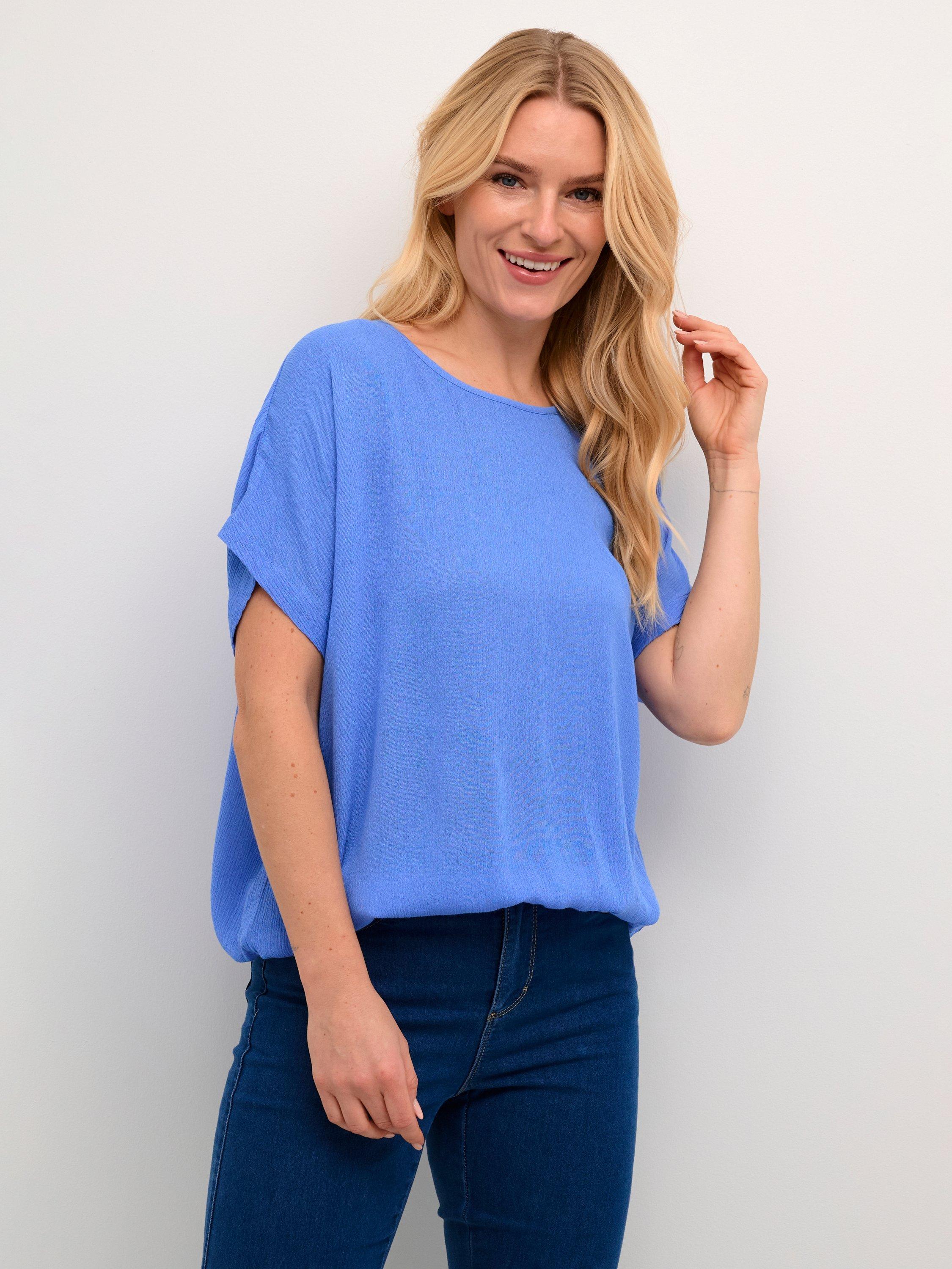 Product image 1 of 6, which shows KAFFE Amber Short Sleeve Blouse, Mid Blue, 8