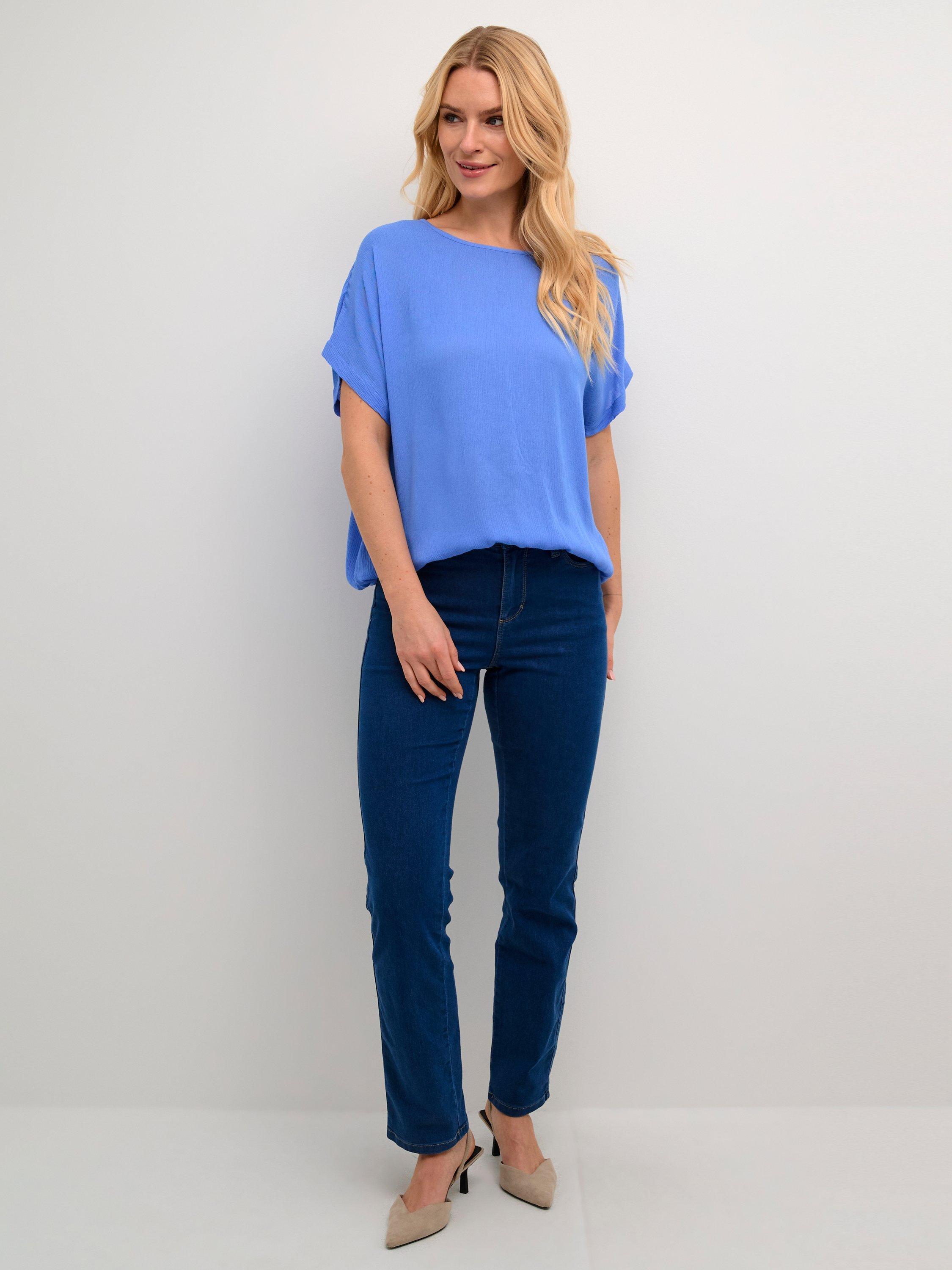 Product image 3 of 6, which shows KAFFE Amber Short Sleeve Blouse, Mid Blue, 8