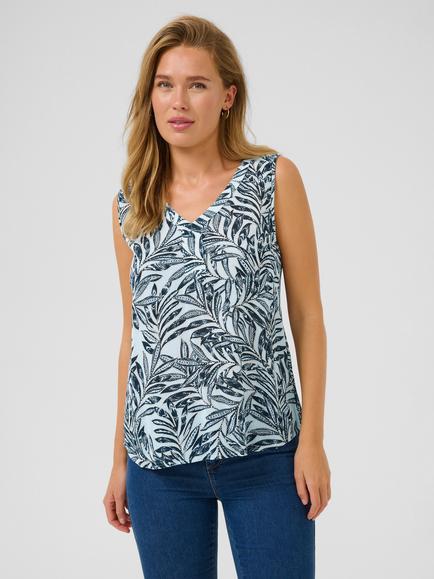 KAFFE Amber Leaf Print Top, Blue, Blue
