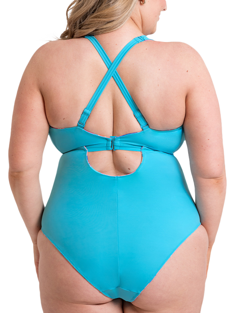 Product image 2 of 10, which shows Curvy Kate Ibiza Reversible Non-Wired Swimsuit, Blue/Multi, 30DD/E