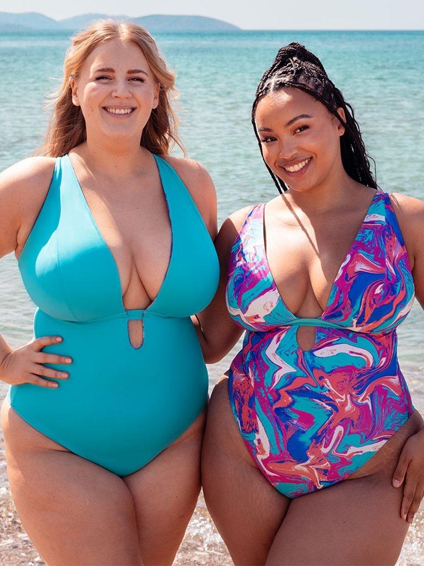 Product image 7 of 10, which shows Curvy Kate Ibiza Reversible Non-Wired Swimsuit, Blue/Multi, 30DD/E