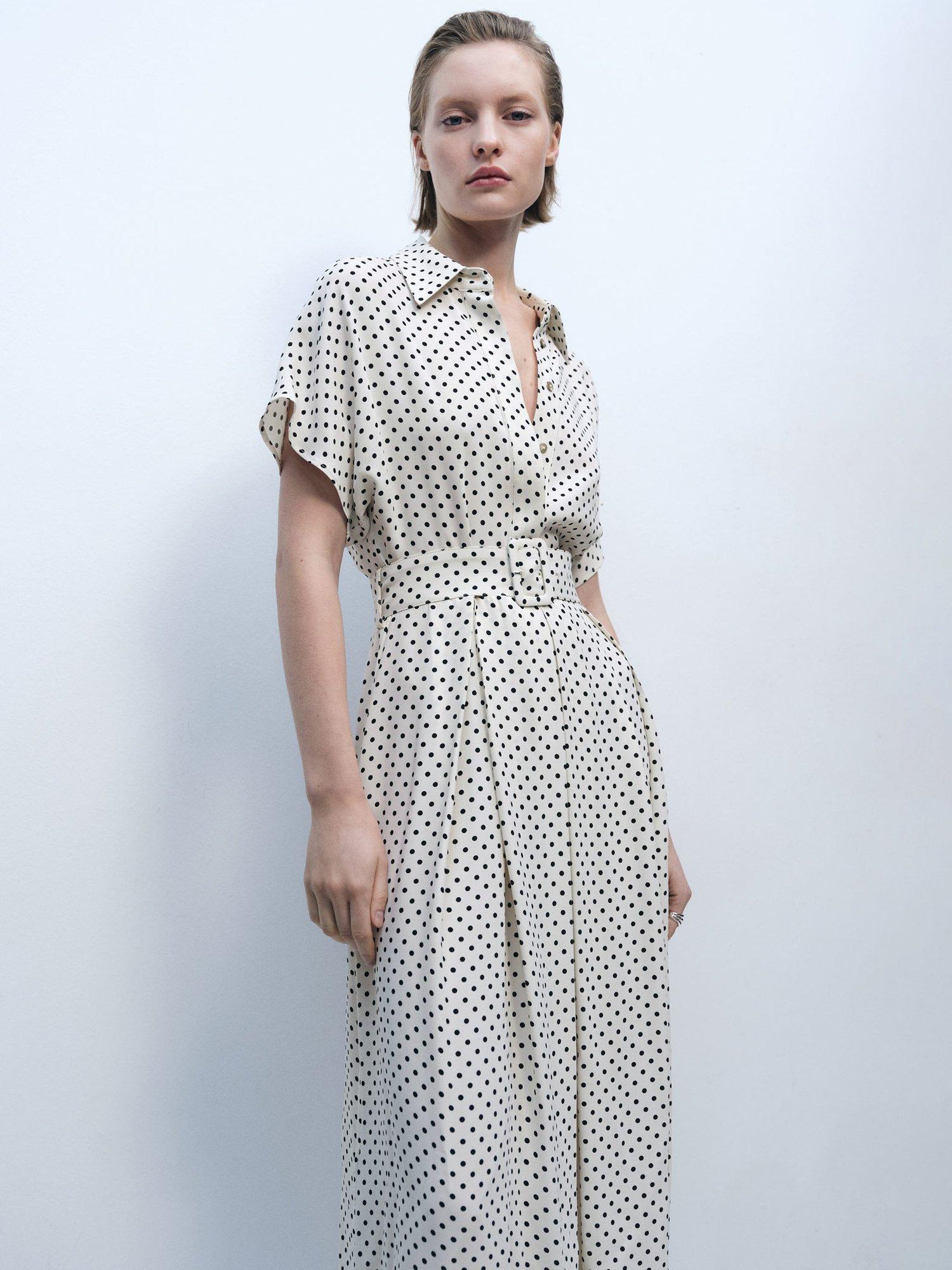 Product image 1 of 8, which shows Mango Adela Polka Dot Midi Dress, Natural White, 6