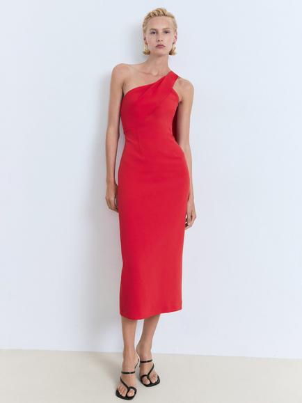 Mango Irea Asymmetric Midi Dress, Red, Red