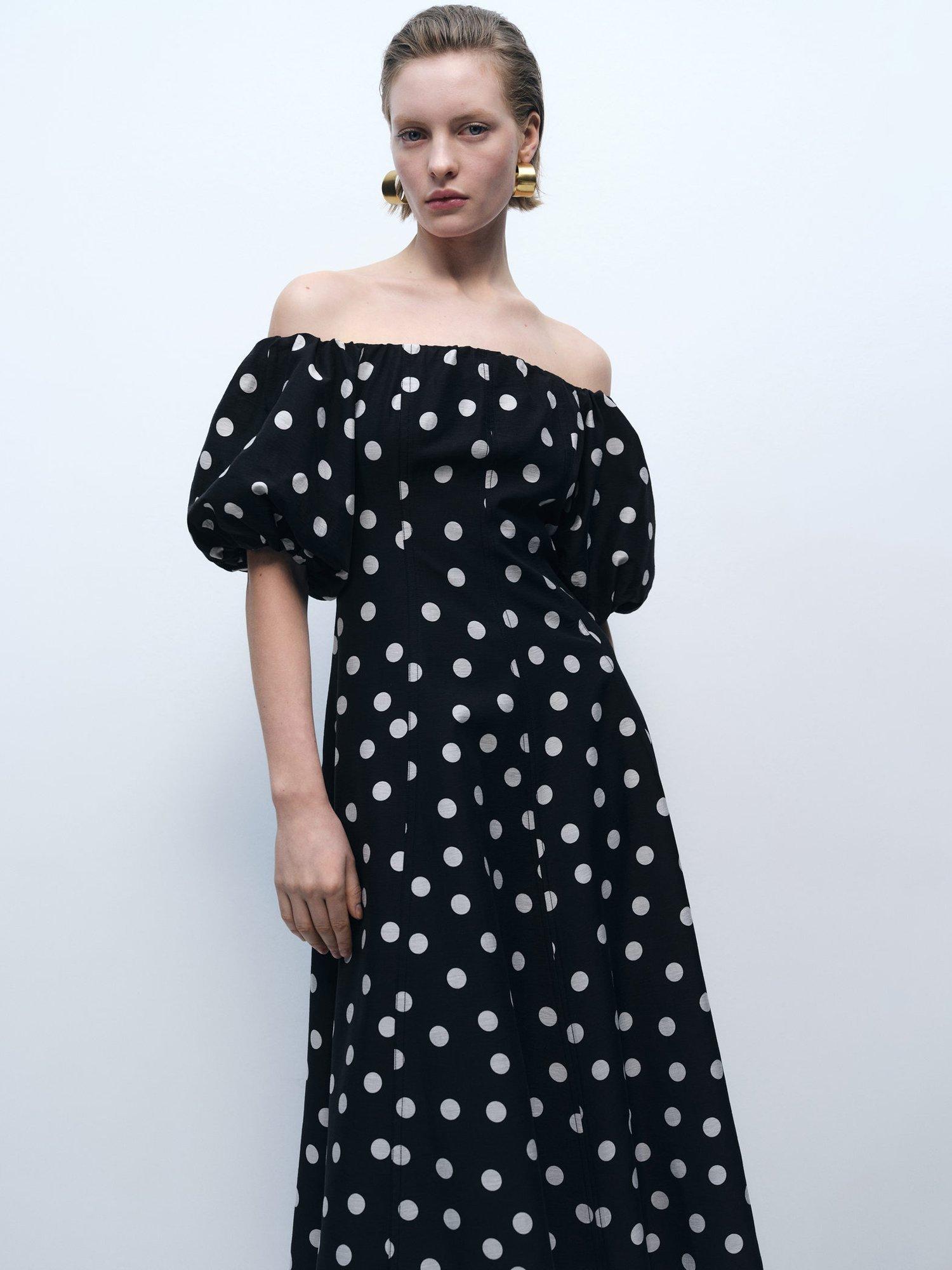Product image 1 of 9, which shows Mango Mallorca Polka Dot Off Shoulder Dress, Black, 10