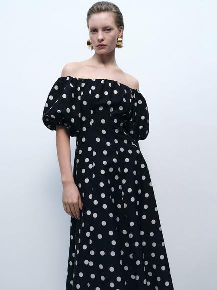 Mango Mallorca Polka Dot Off Shoulder Dress, Black, Black