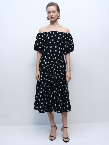 Mango Mallorca Polka Dot Off Shoulder Dress, Black - view 2, Black