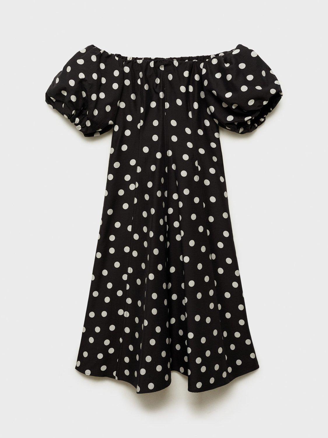Product image 3 of 9, which shows Mango Mallorca Polka Dot Off Shoulder Dress, Black, 10