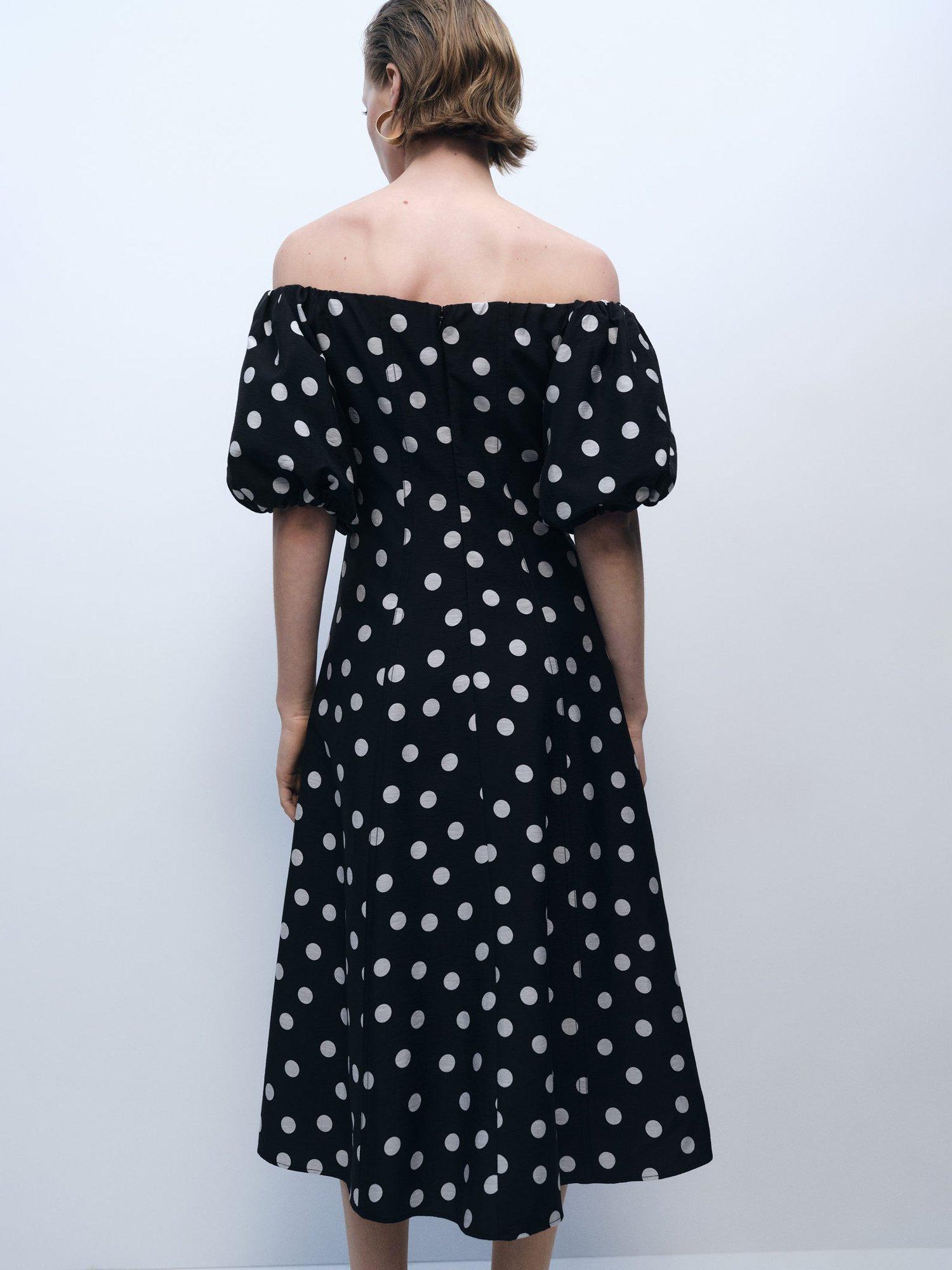 Product image 4 of 9, which shows Mango Mallorca Polka Dot Off Shoulder Dress, Black, 10