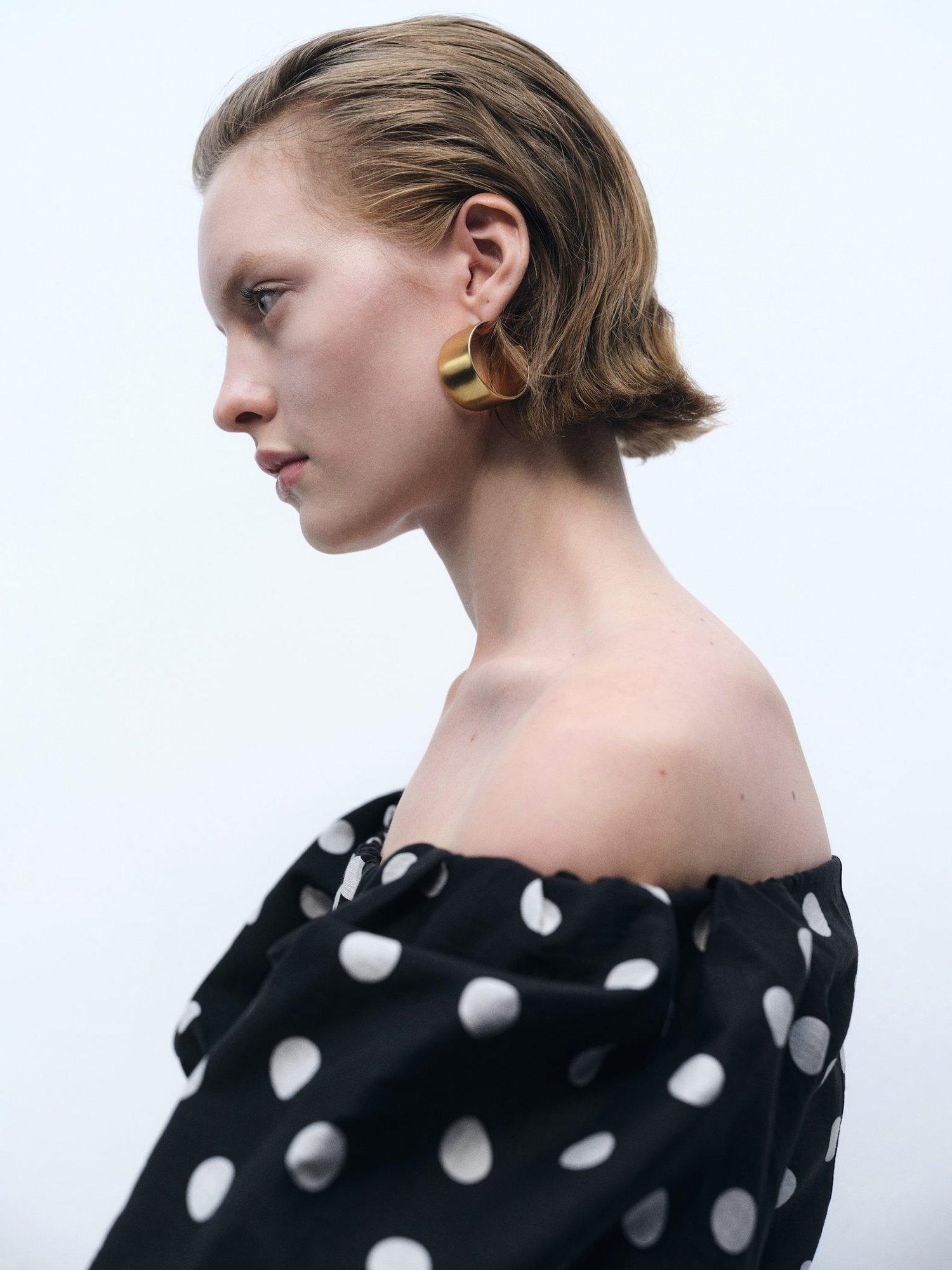Product image 6 of 9, which shows Mango Mallorca Polka Dot Off Shoulder Dress, Black, 10