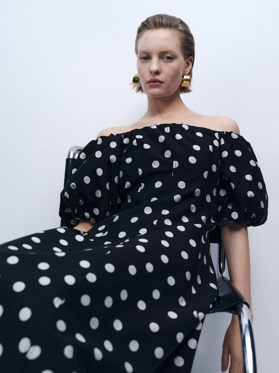 Product image 7 of 9, which shows Mango Mallorca Polka Dot Off Shoulder Dress, Black, 10