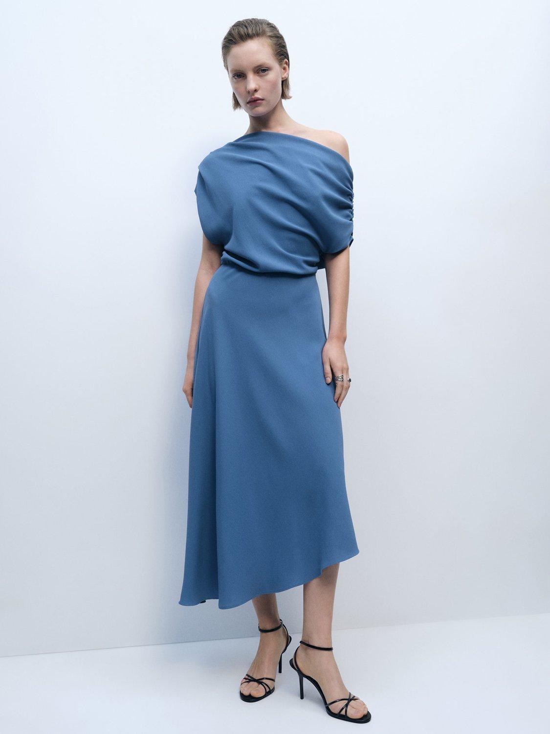 Product image 1 of 9, which shows Mango Marina Asymmetric Drape Dress, Medium Blue, 10