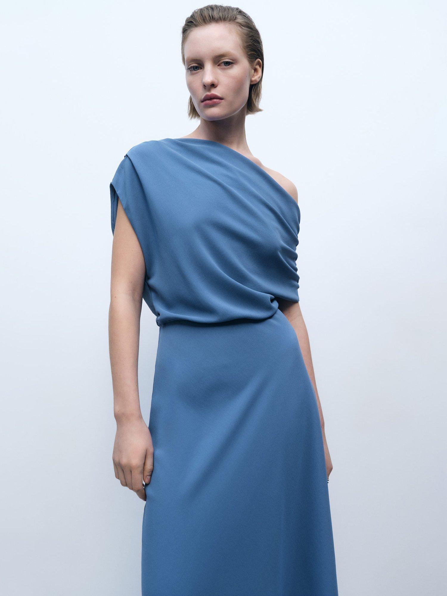 Product image 2 of 9, which shows Mango Marina Asymmetric Drape Dress, Medium Blue, 10