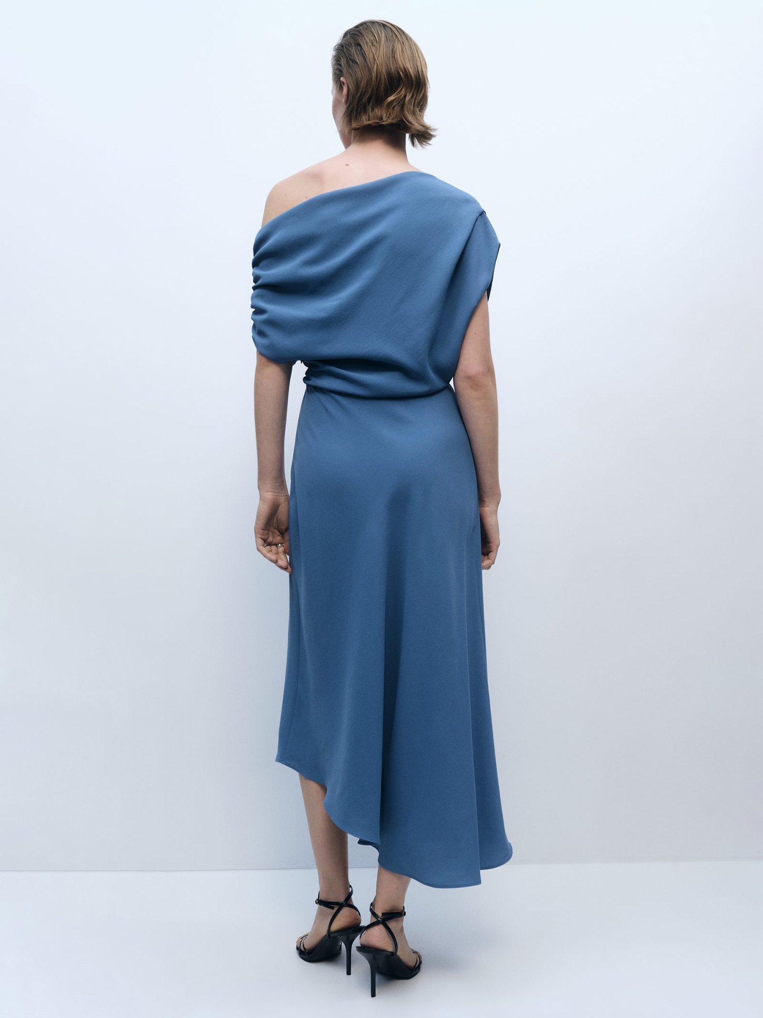 Product image 4 of 9, which shows Mango Marina Asymmetric Drape Dress, Medium Blue, 10