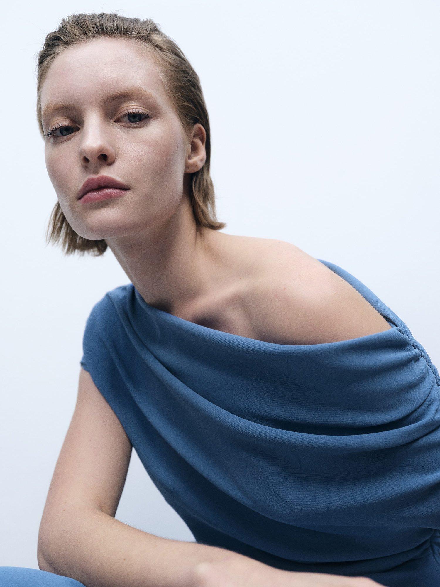 Product image 6 of 9, which shows Mango Marina Asymmetric Drape Dress, Medium Blue, 10