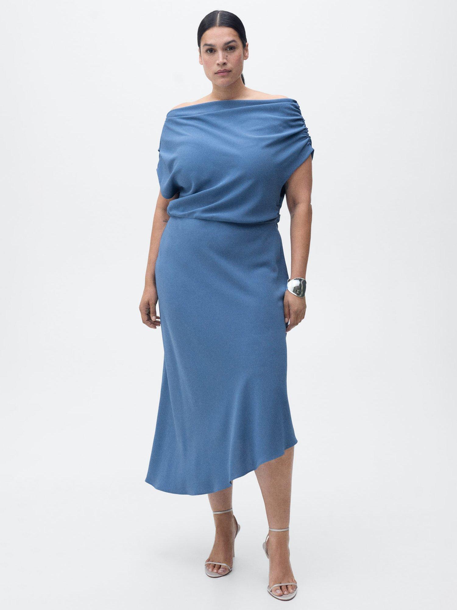Product image 8 of 9, which shows Mango Marina Asymmetric Drape Dress, Medium Blue, 10