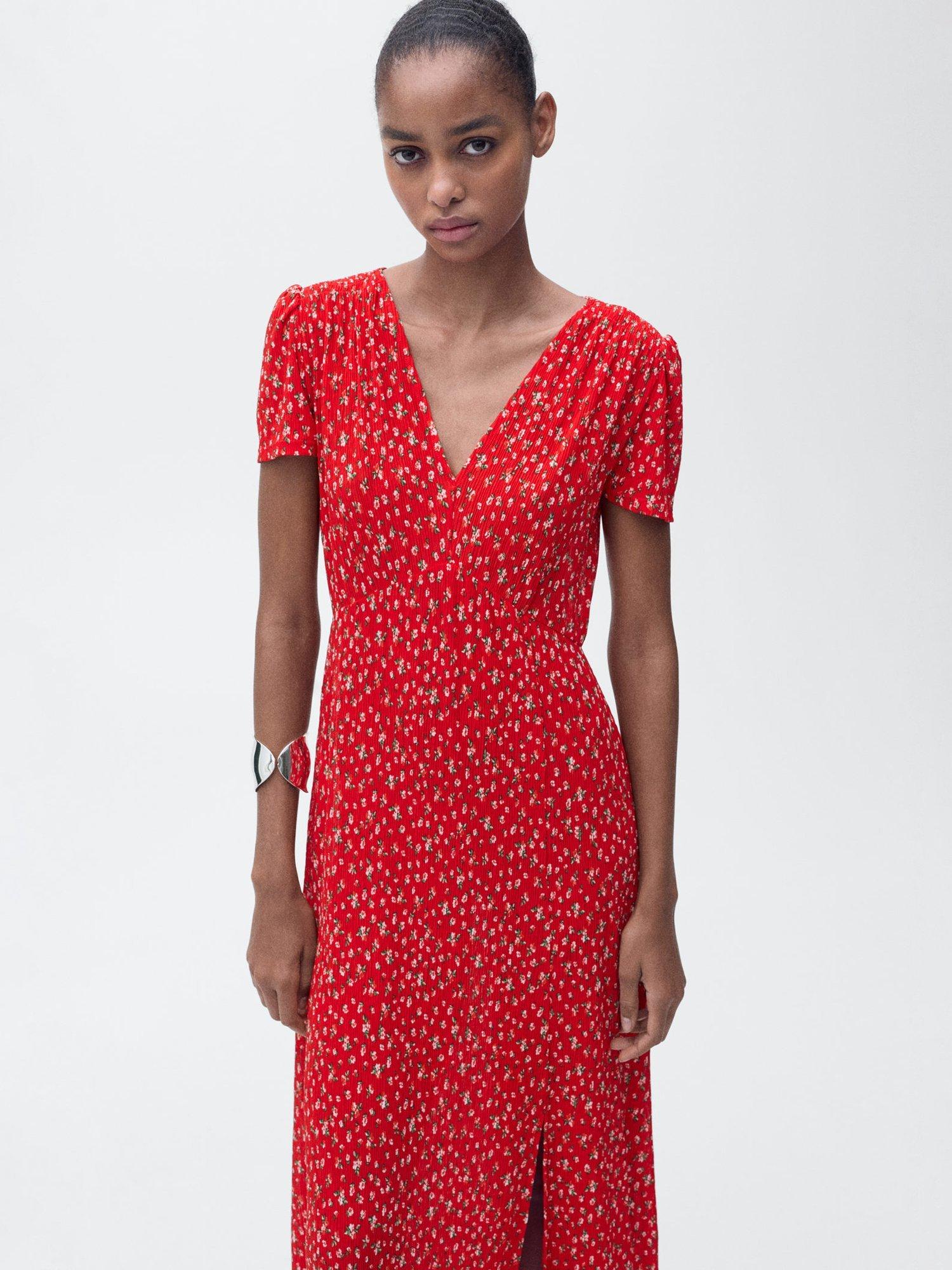 Mango Pomi Textured Floral Print Midi Dress, Red